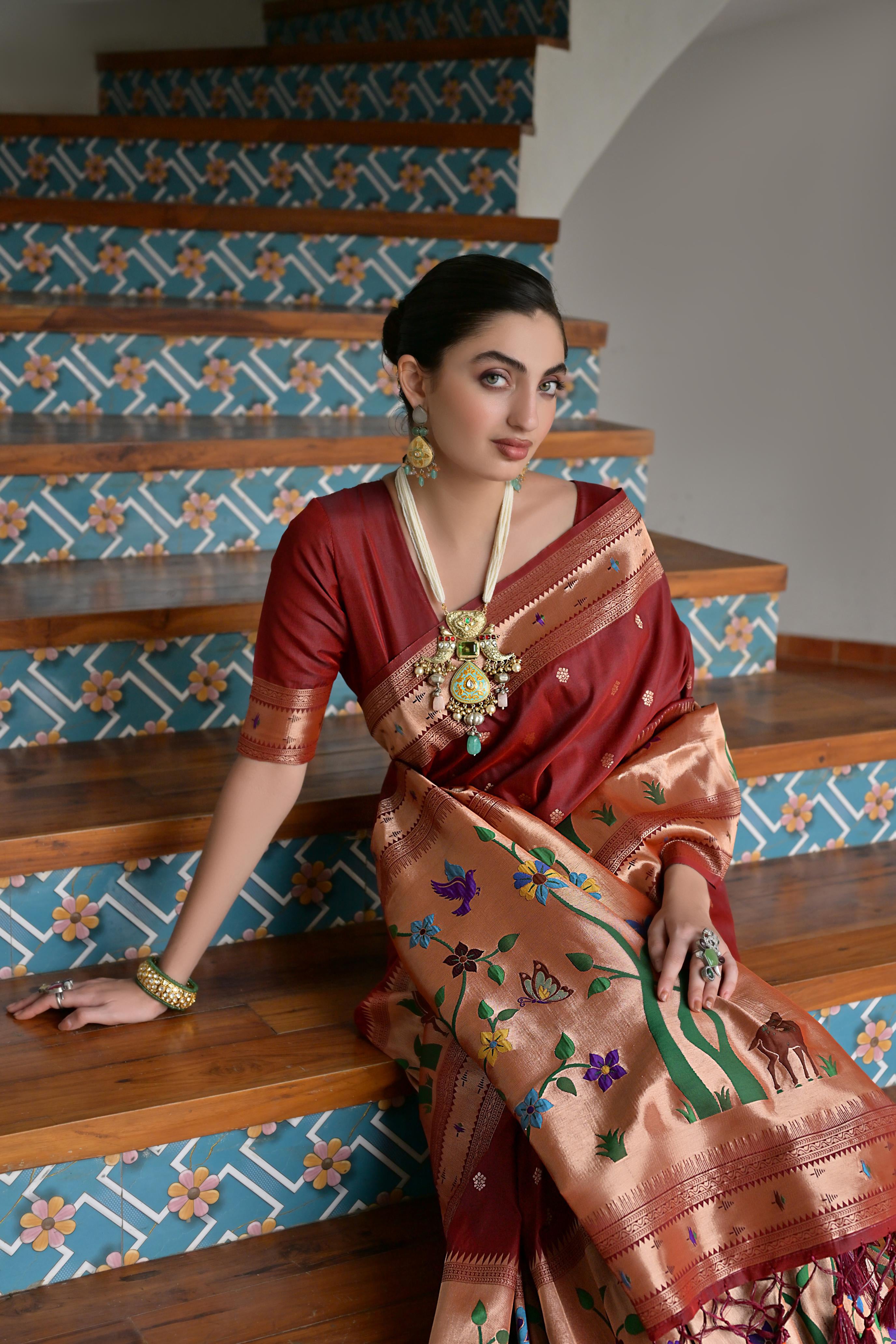 Maroon Banarasi Silk Saree with Classic Paithani Woven Elegance