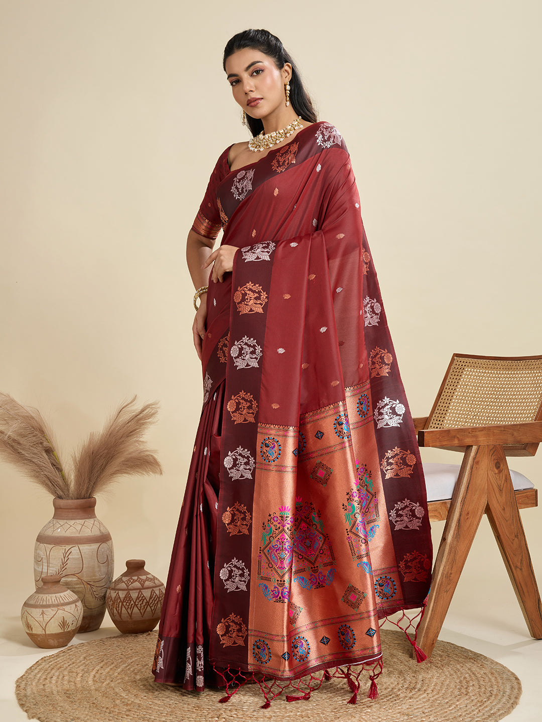 Maroon Banarasi Silk Saree with Silver Butti and Paithani Pallu