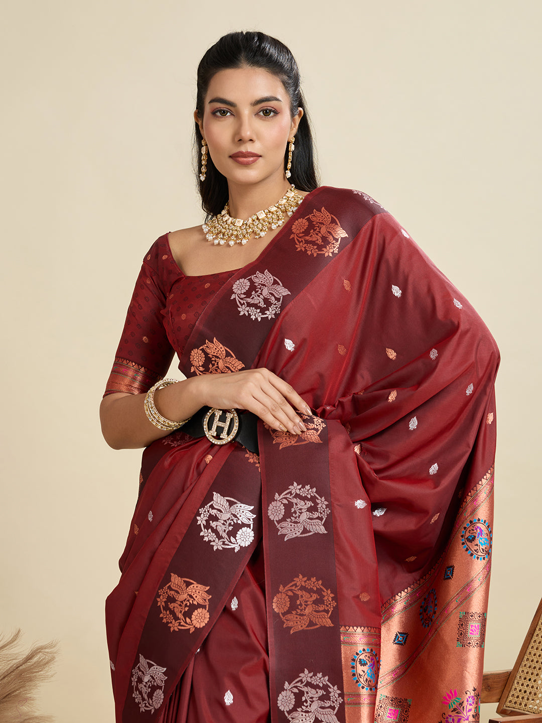 Maroon Banarasi Silk Saree with Silver Butti and Paithani Pallu