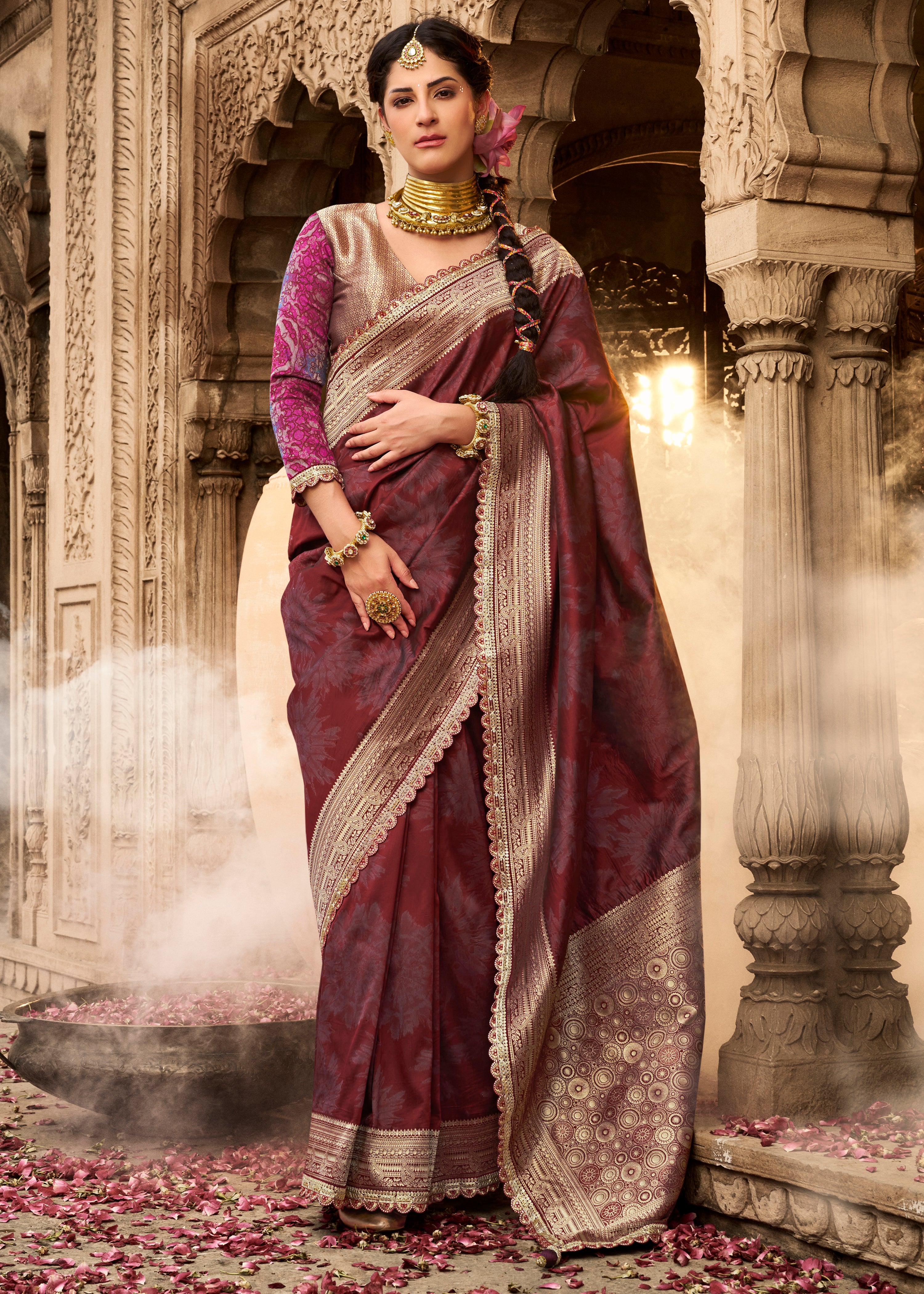Maroon Banarasi Soft Silk Saree with Woven Lace Border