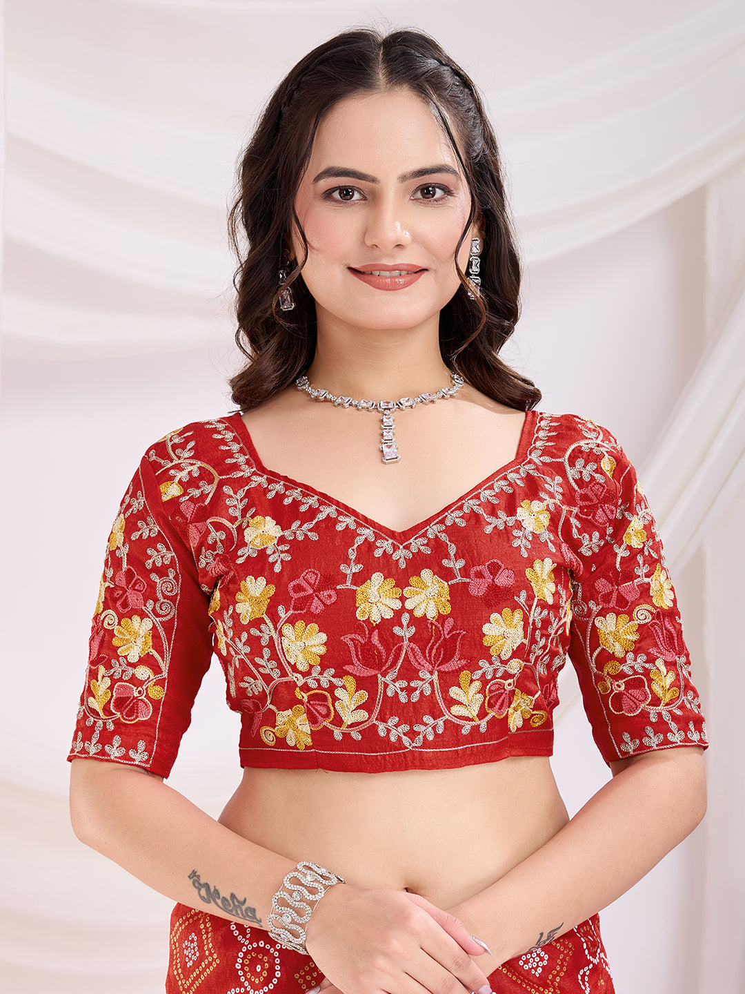 Maroon Bandhani Printed With Embroidery Work Beautiful Ceremonial Saree