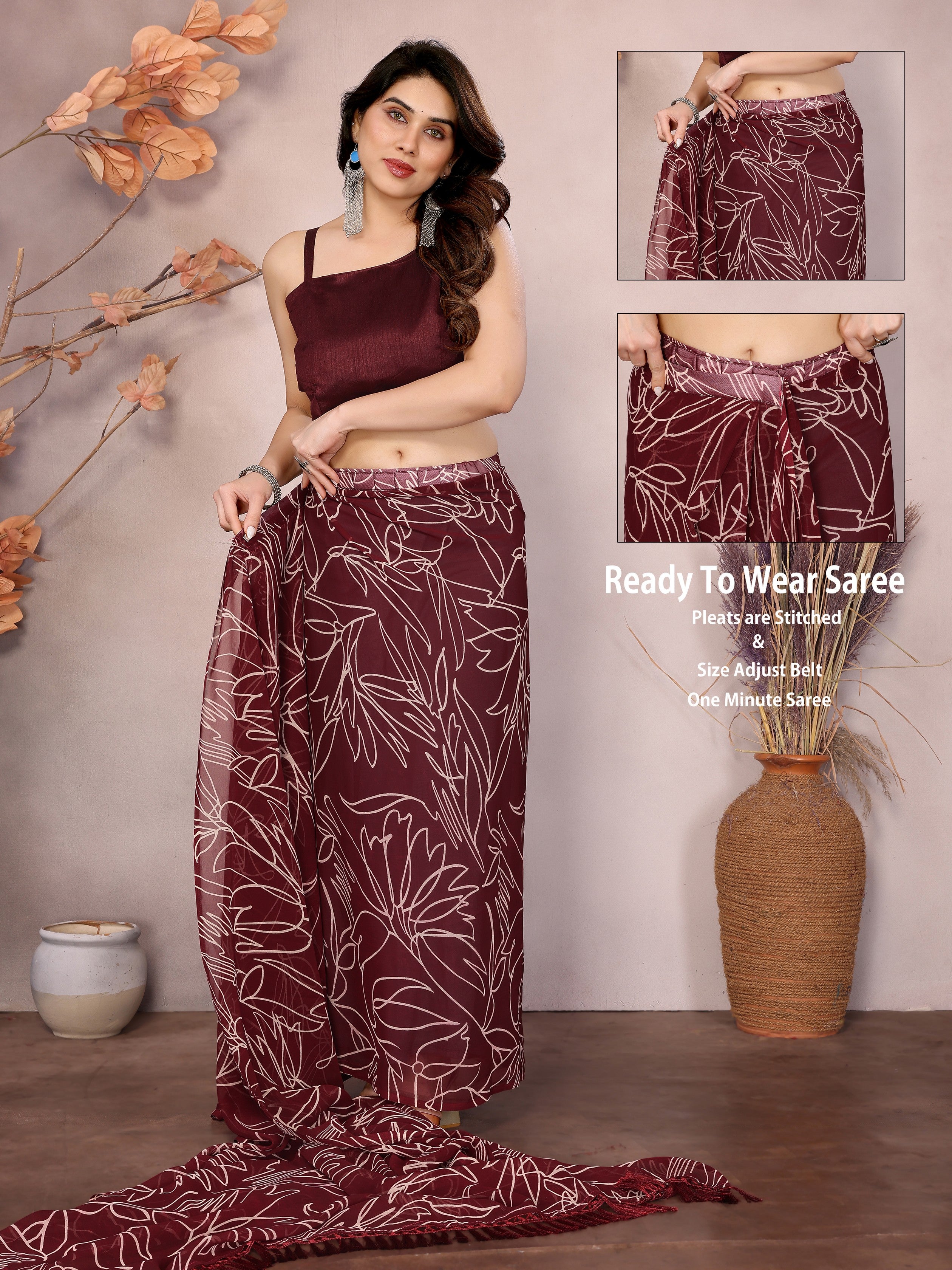 Maroon Beautiful Designer Printed Ready To Wear Saree For Fancy Looks