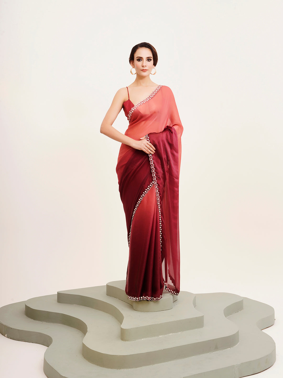 Maroon Beautiful Partywear Embellished Beads And Stones Satin Saree