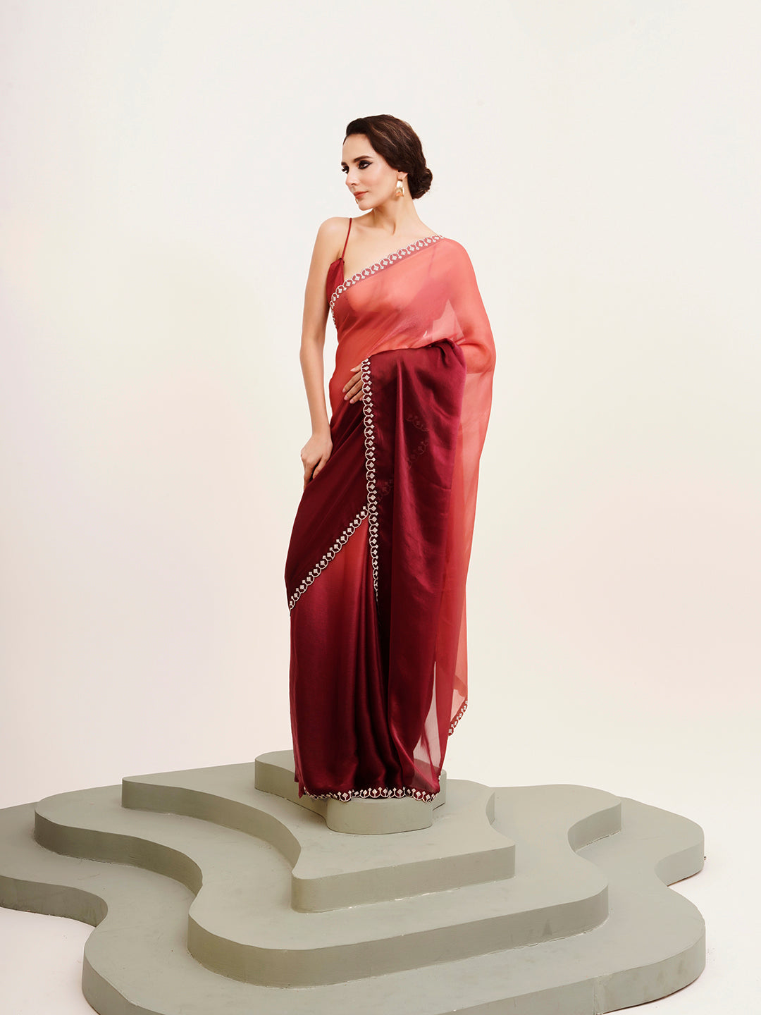 Maroon Beautiful Partywear Embellished Beads And Stones Satin Saree