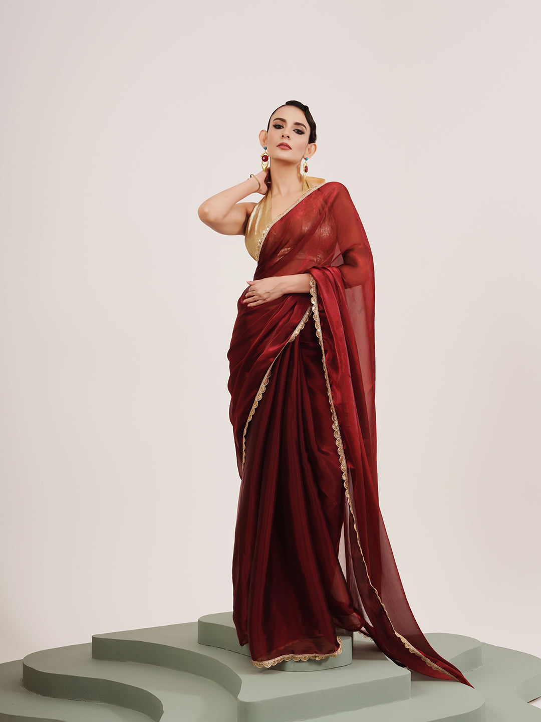Maroon Beautiful Partywear Embellished Sequinned Organza Saree