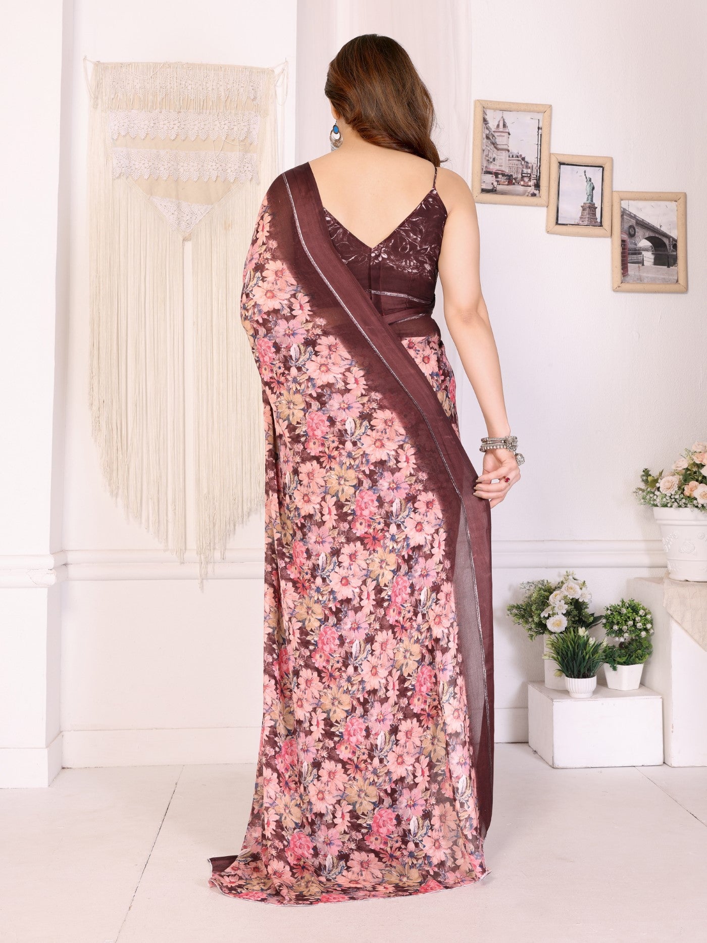Maroon Bright Moss Satin Patta Saree With Printed Design