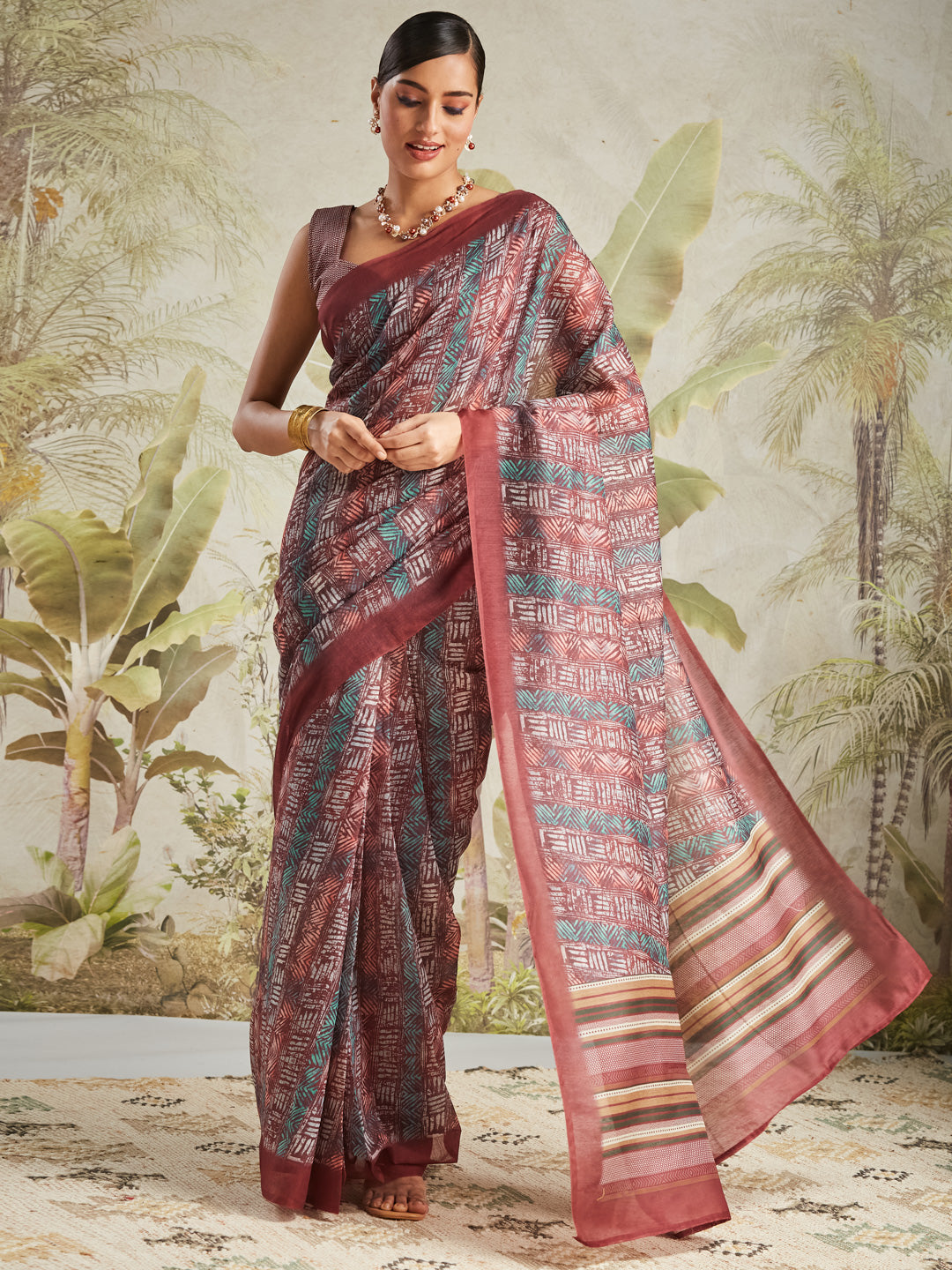 Maroon Chanderi Cotton Festive Wear Saree With Smart Digital Print