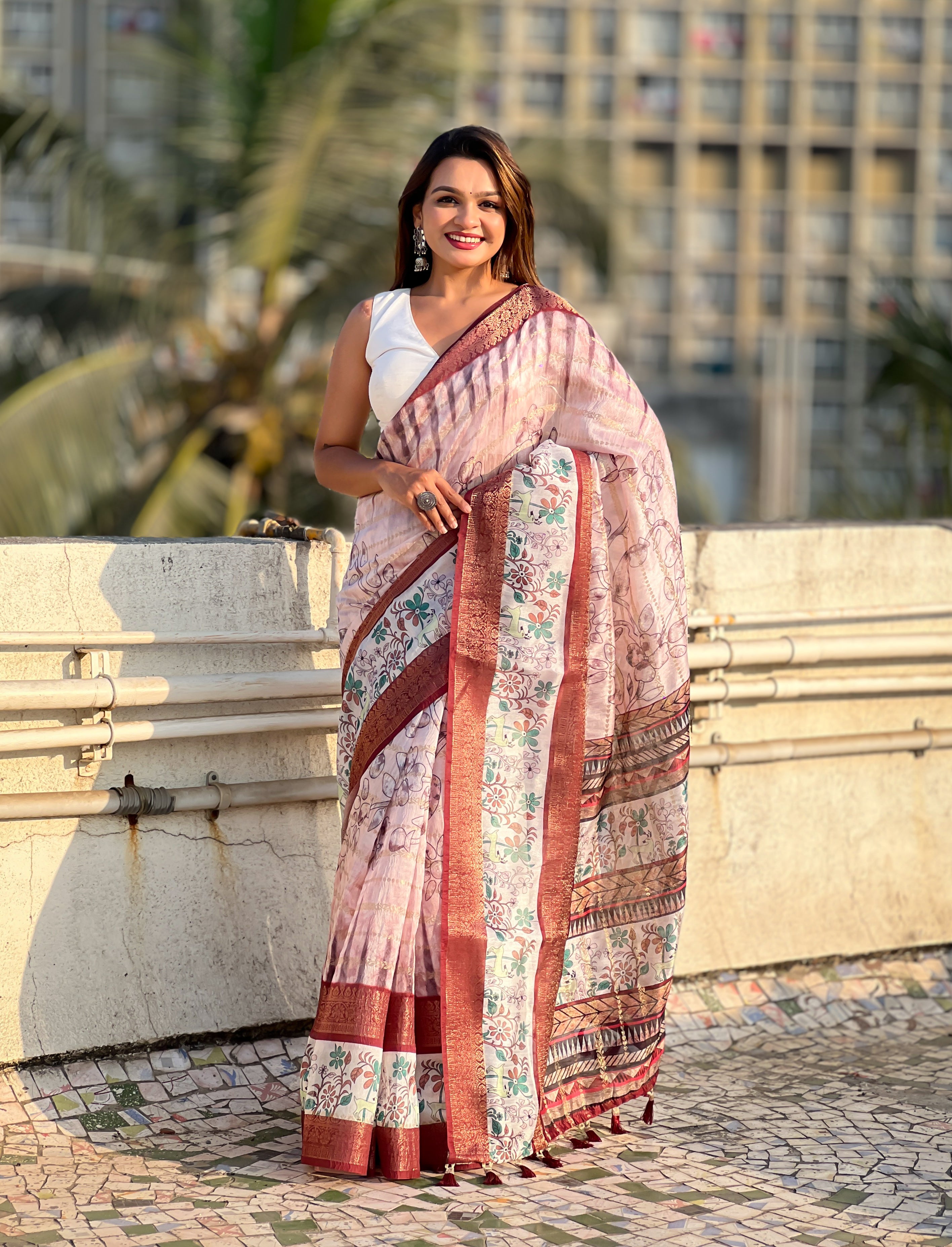Maroon Chanderi Crush Printed With Woven Jari Designer Elegant Sophisticated Saree