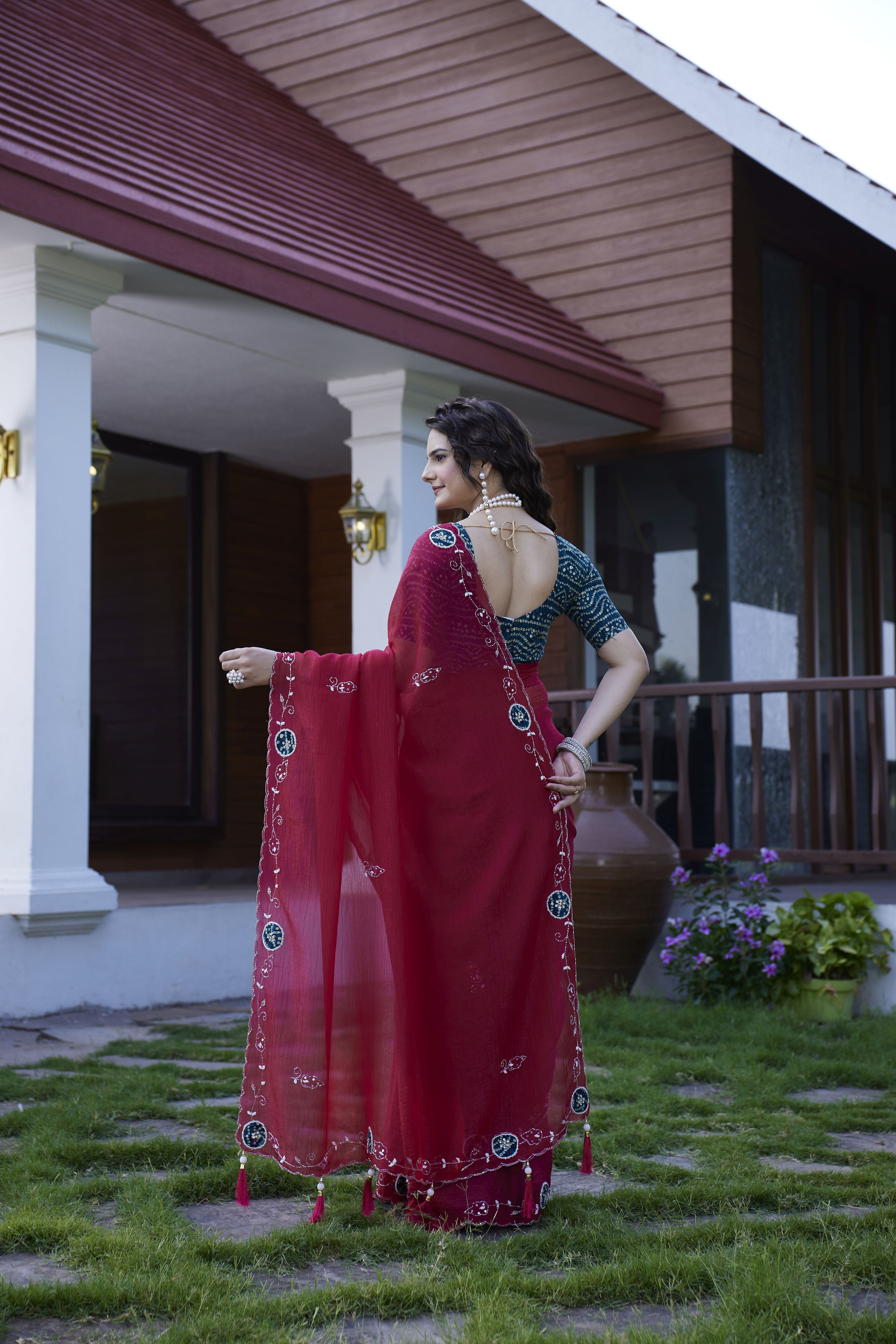 Maroon Chiffon Beautiful Heavy Traditonal Rich Festive Saree