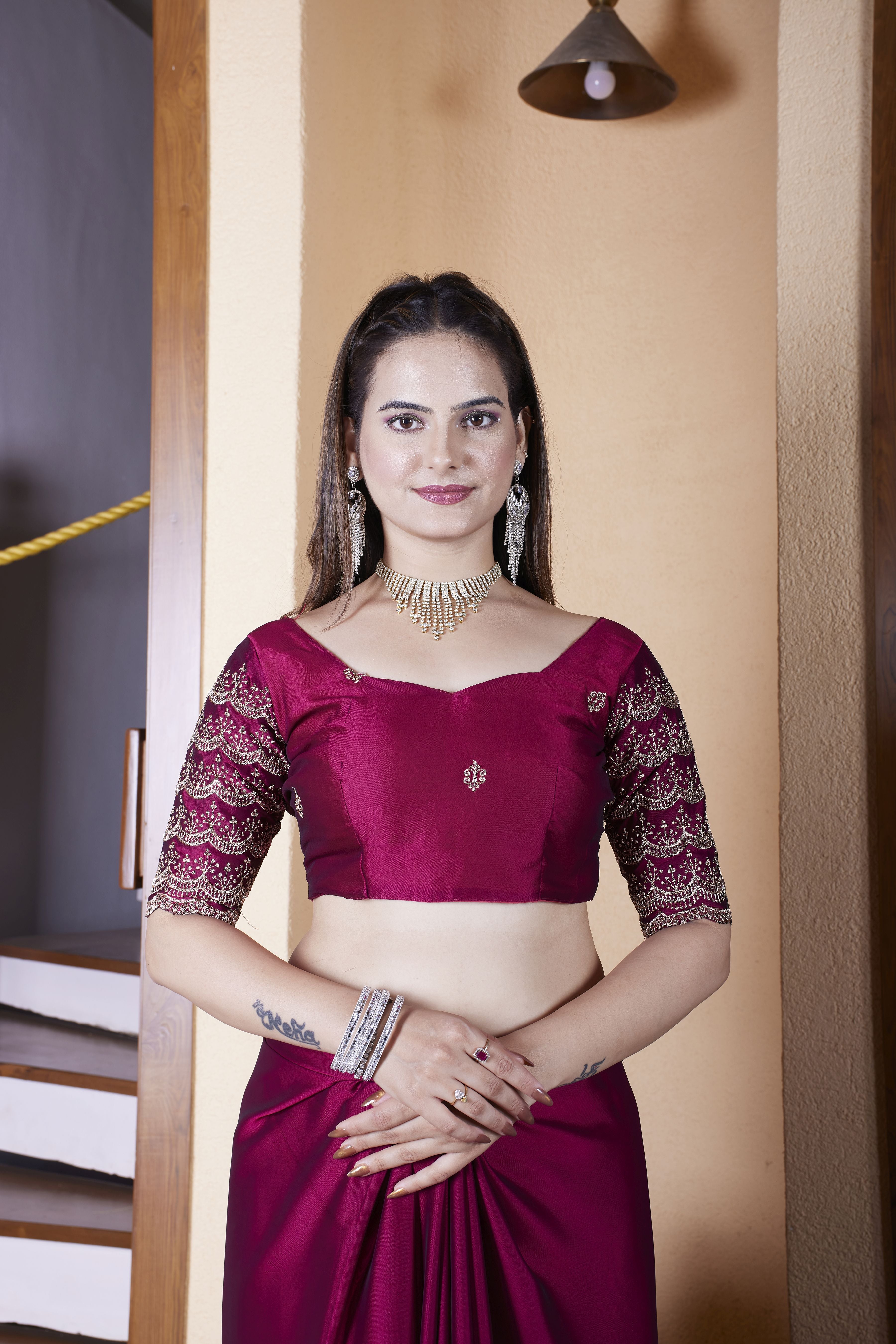 Maroon Chiffon Designer Embroidered Ceremonial Saree