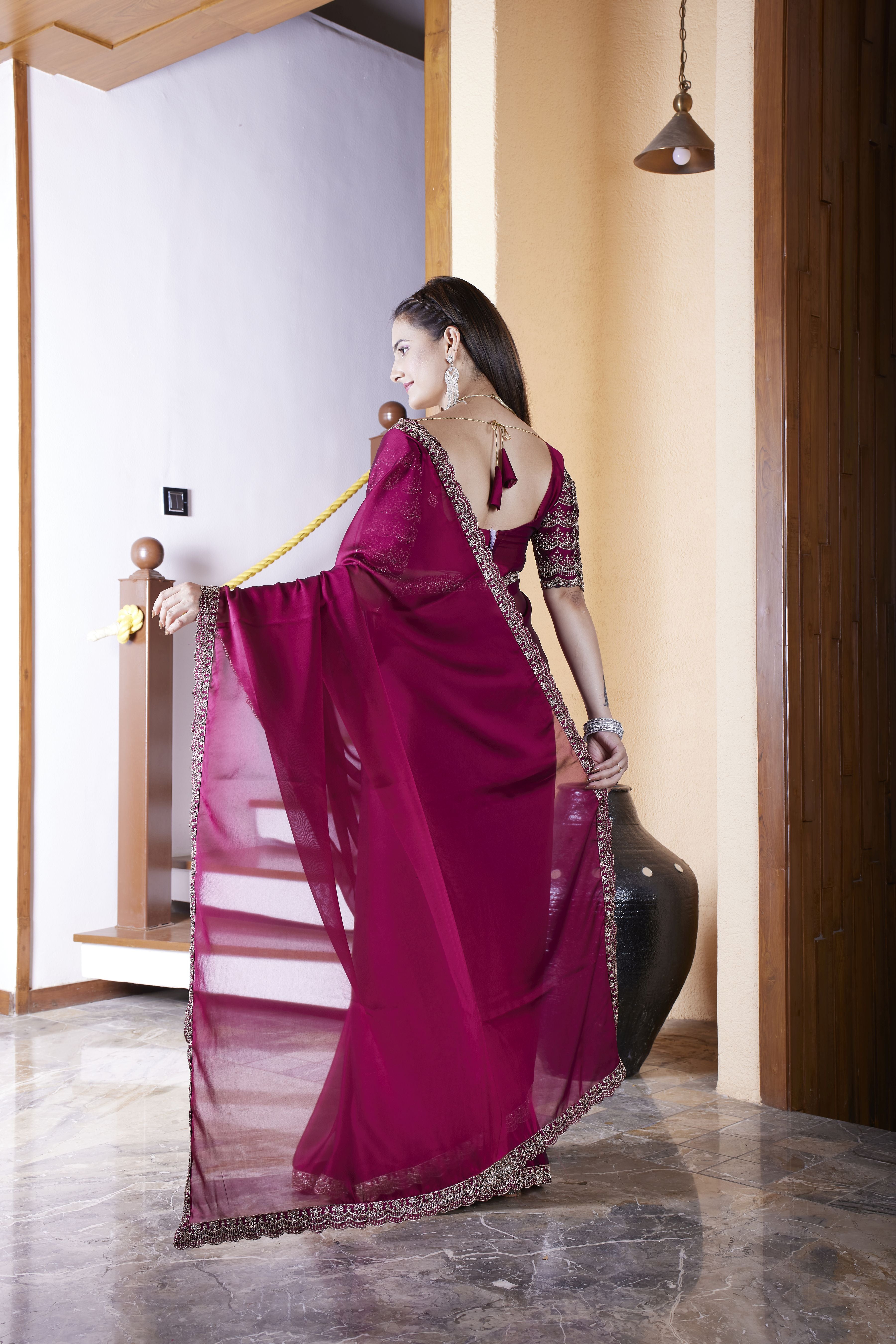 Maroon Chiffon Designer Embroidered Ceremonial Saree