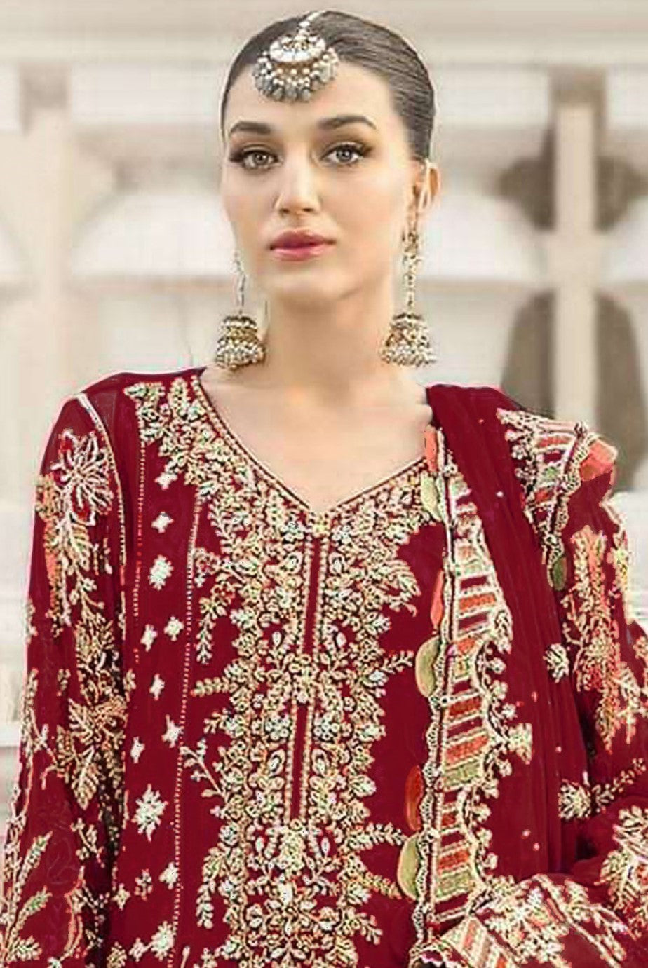 Maroon Chiffon Designer Suit Set With Delicate Embroidery