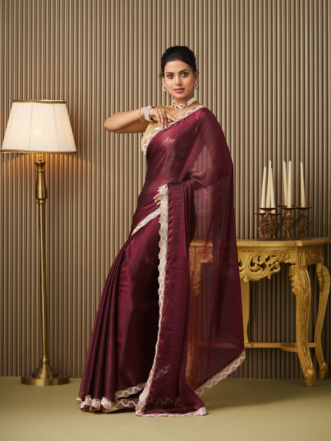 Maroon Chiffon Fancy Designer Bollywood Party Saree