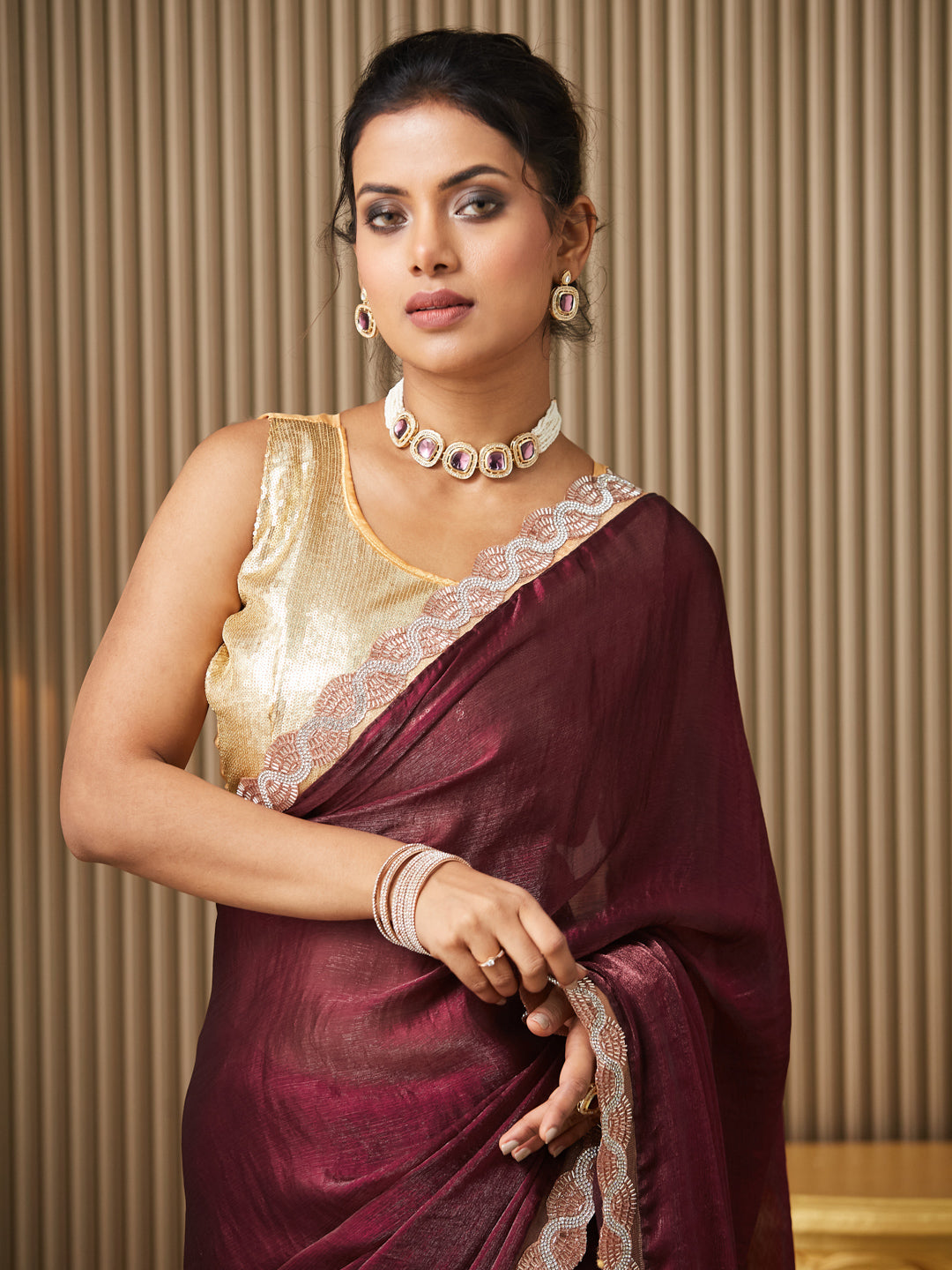Maroon Chiffon Fancy Designer Bollywood Party Saree