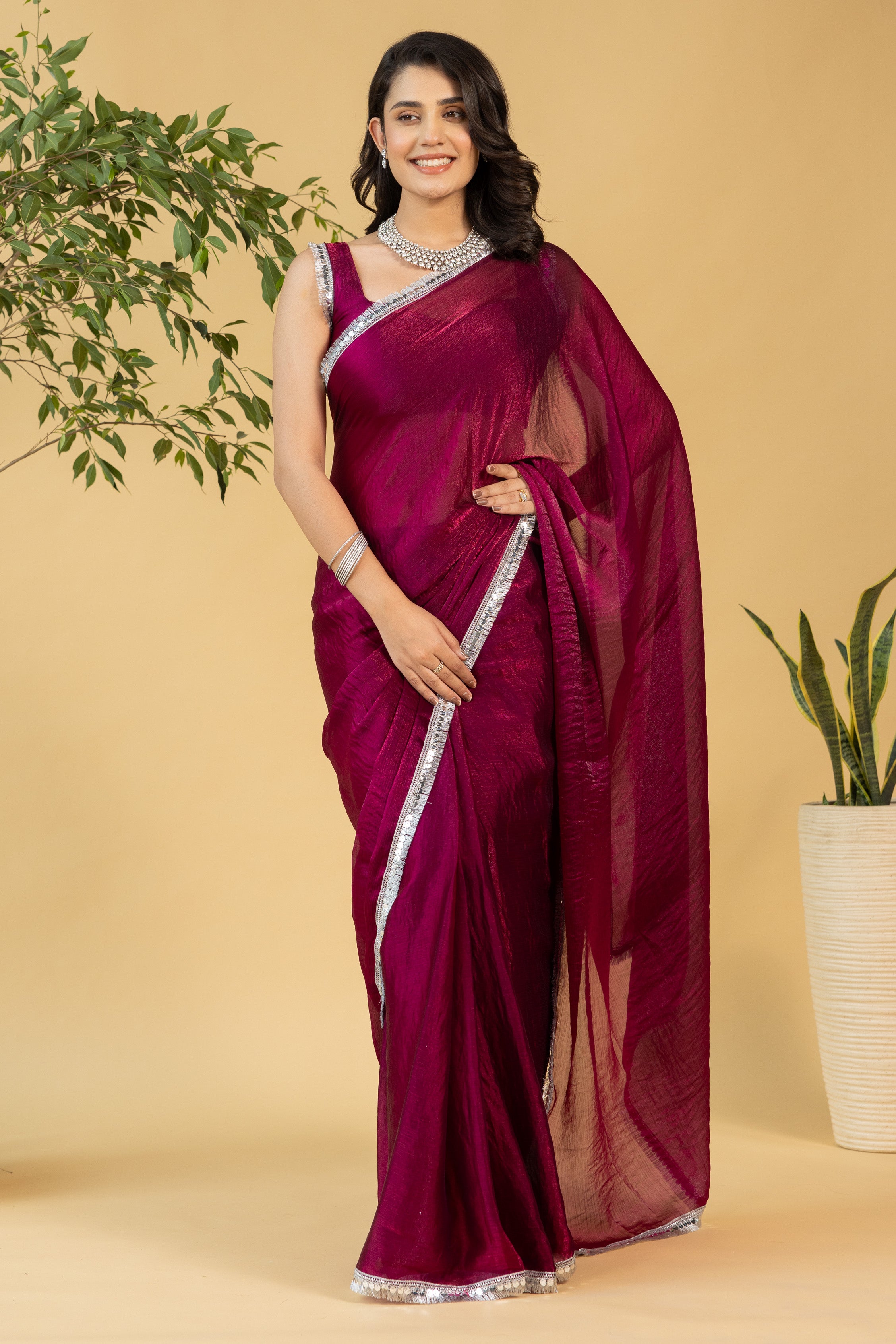 Maroon Chiffon Ready To Wear Saree For Graceful Bollywood Style Saree