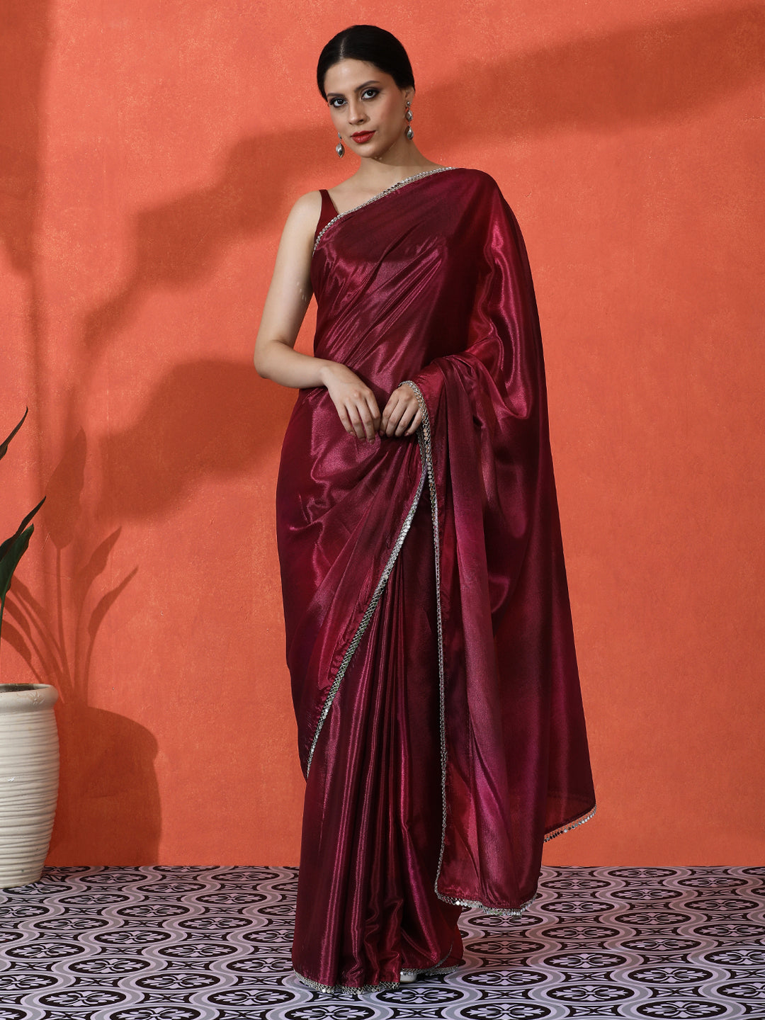 Maroon Chinon Designer Digital Printed Girlie Partywear Saree