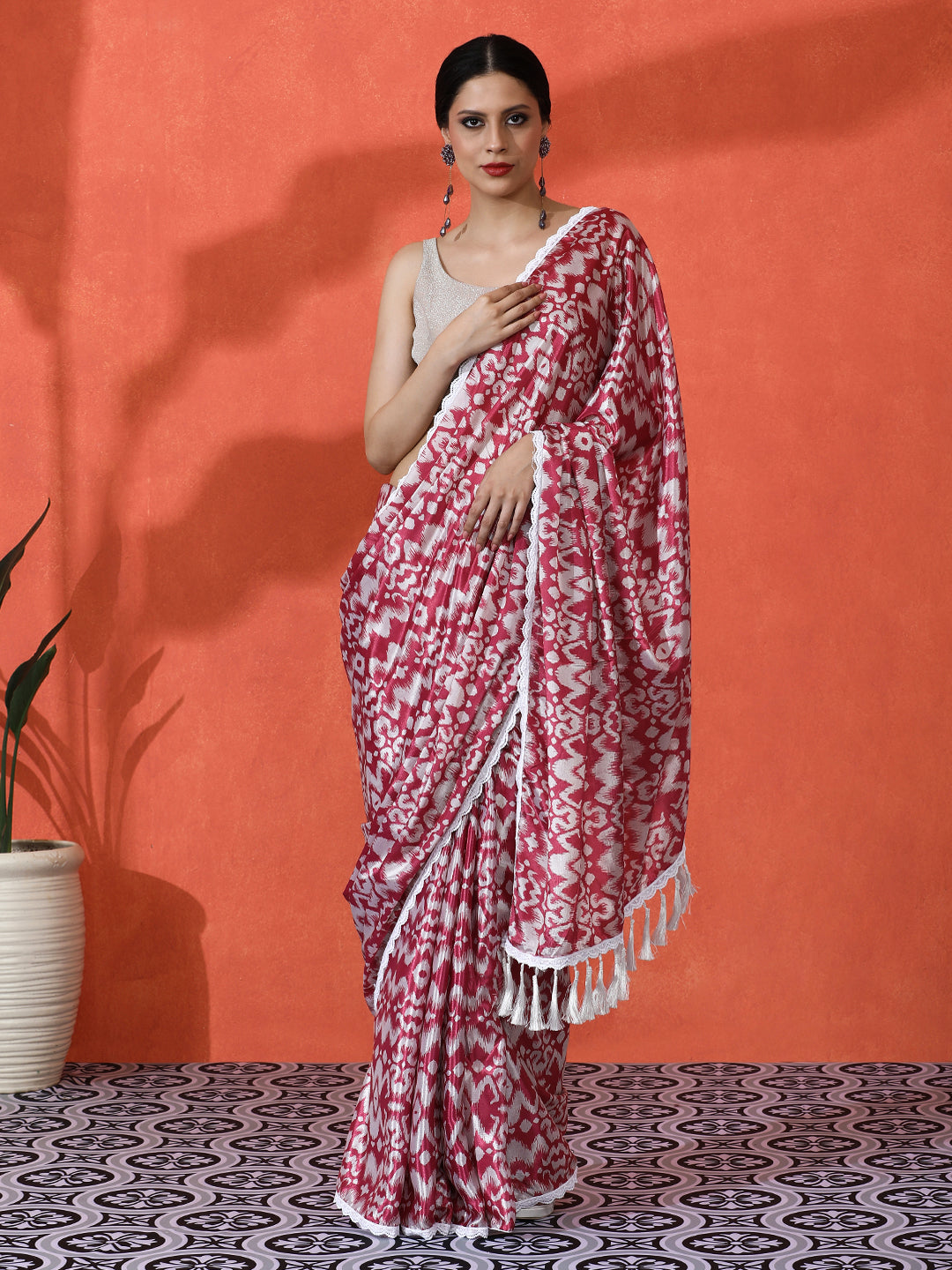 Maroon Chinon Designer Digital Printed Saree For Ceremonial Looks
