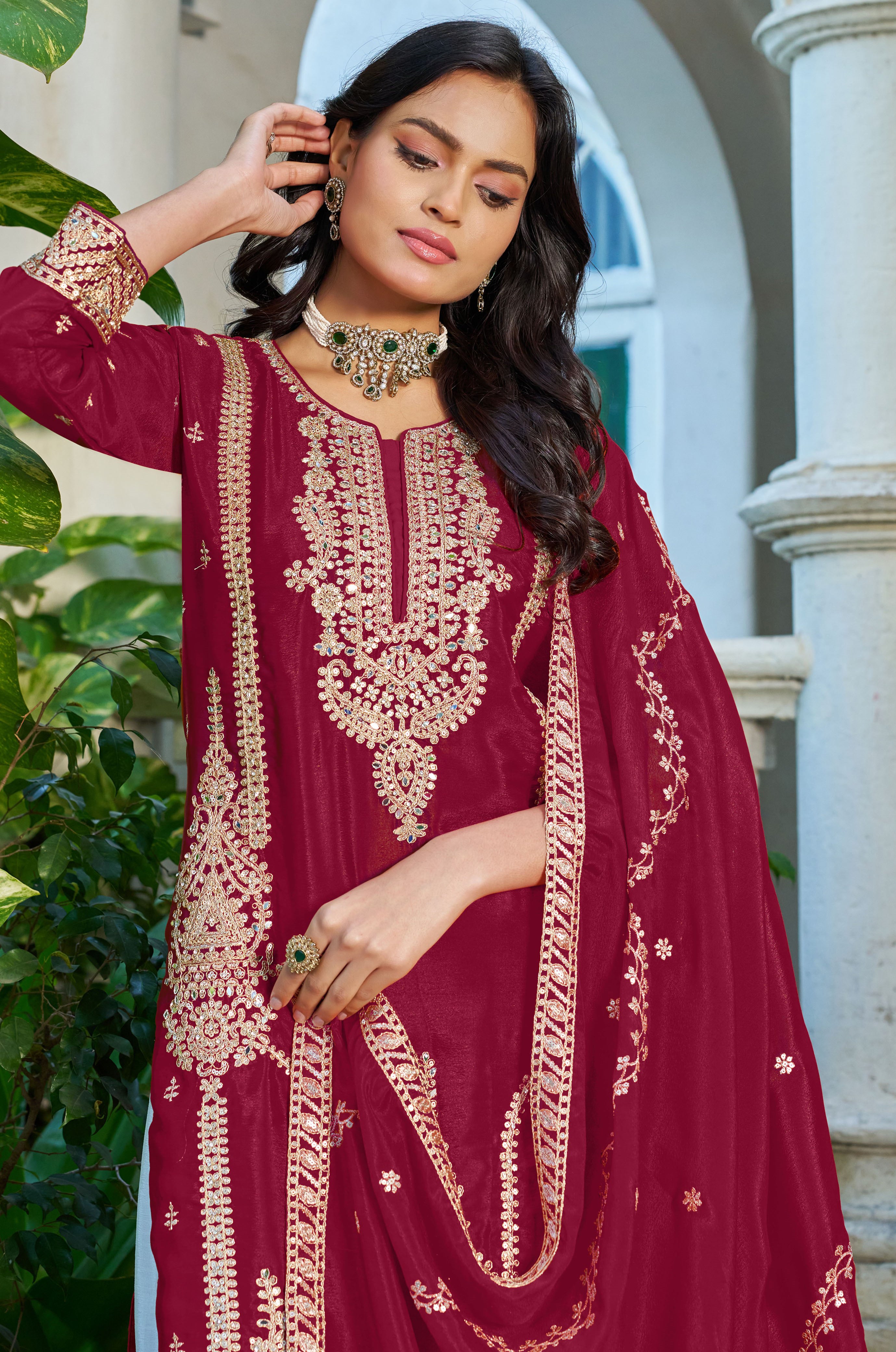 Maroon Chinon Palazzo Suit With Sequin Embroidery