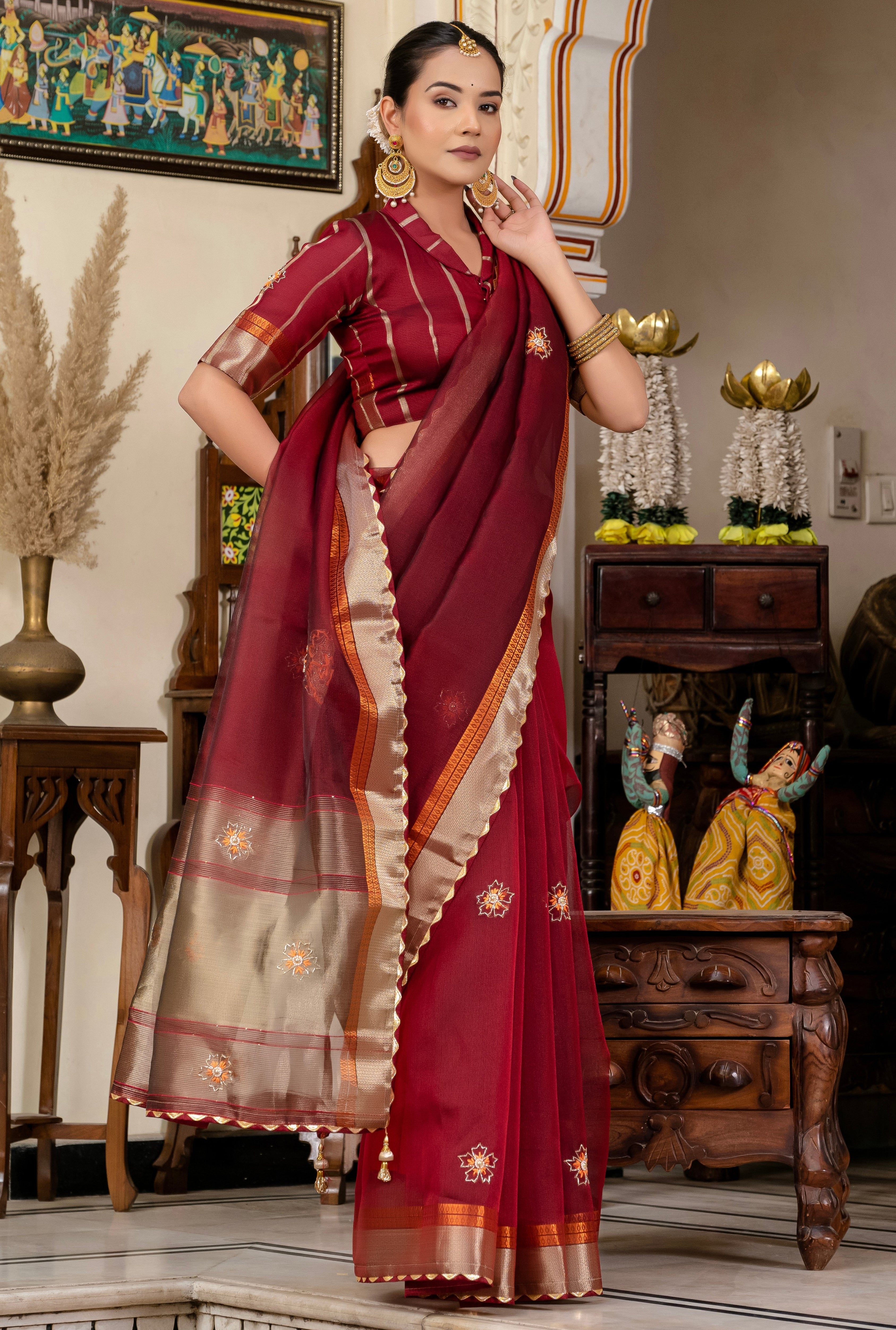 Maroon Color Kota Linen Saree With Handwork Butta