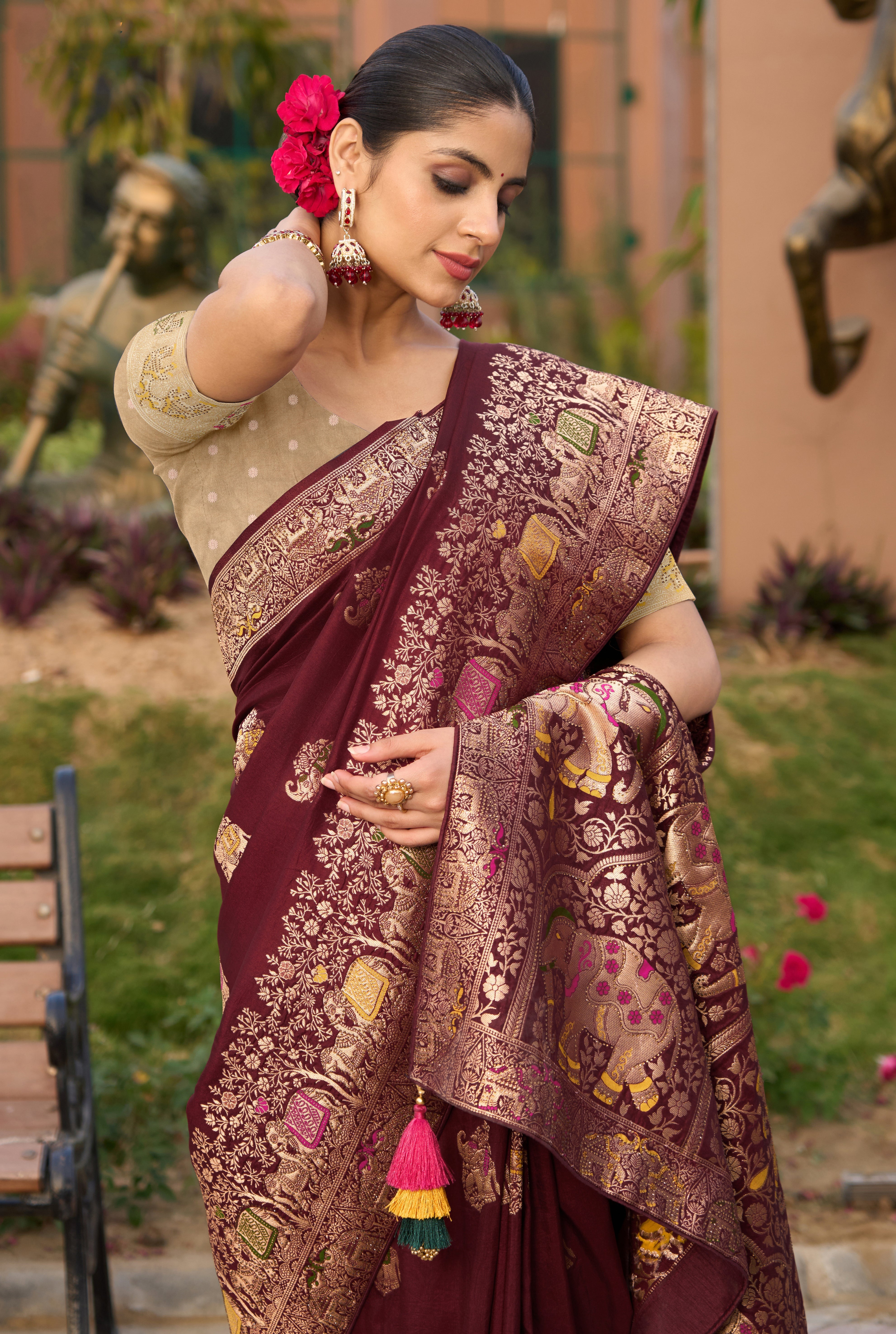 Maroon Color Pure Dola Silk Saree With Jacquard Woven Work