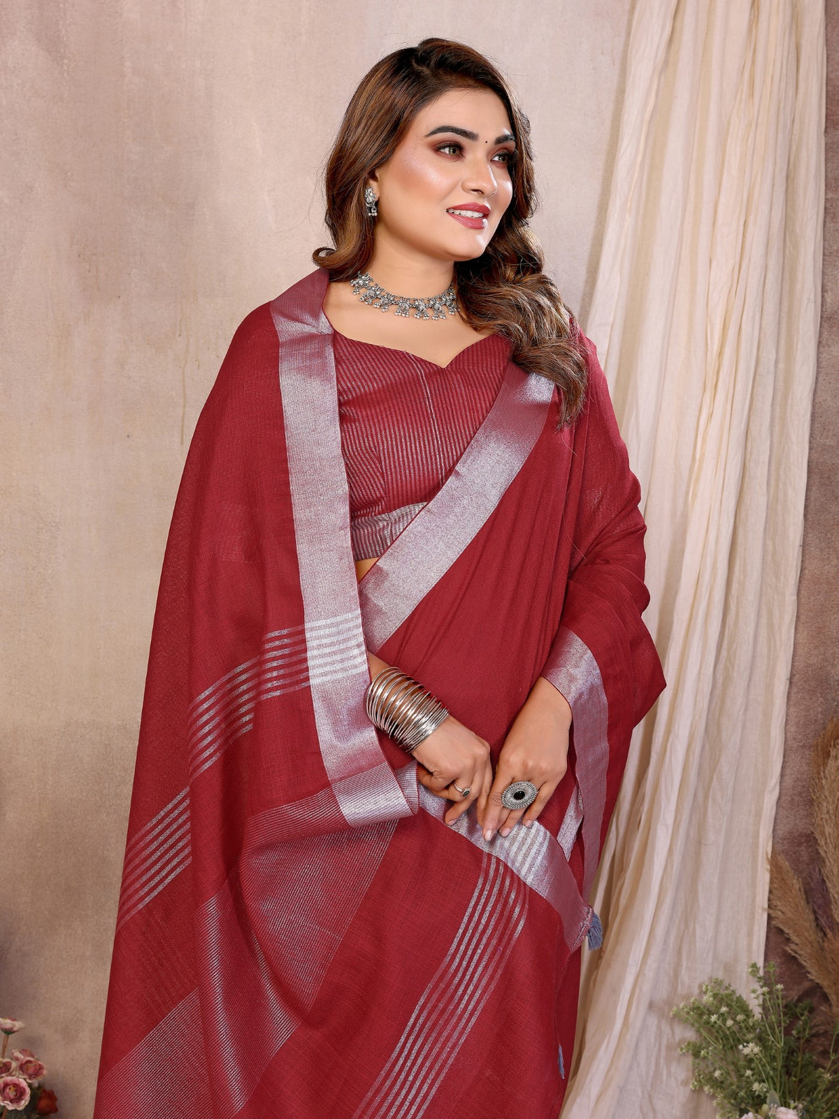 Maroon Cotton Saree With Elegant Silver Zari Border