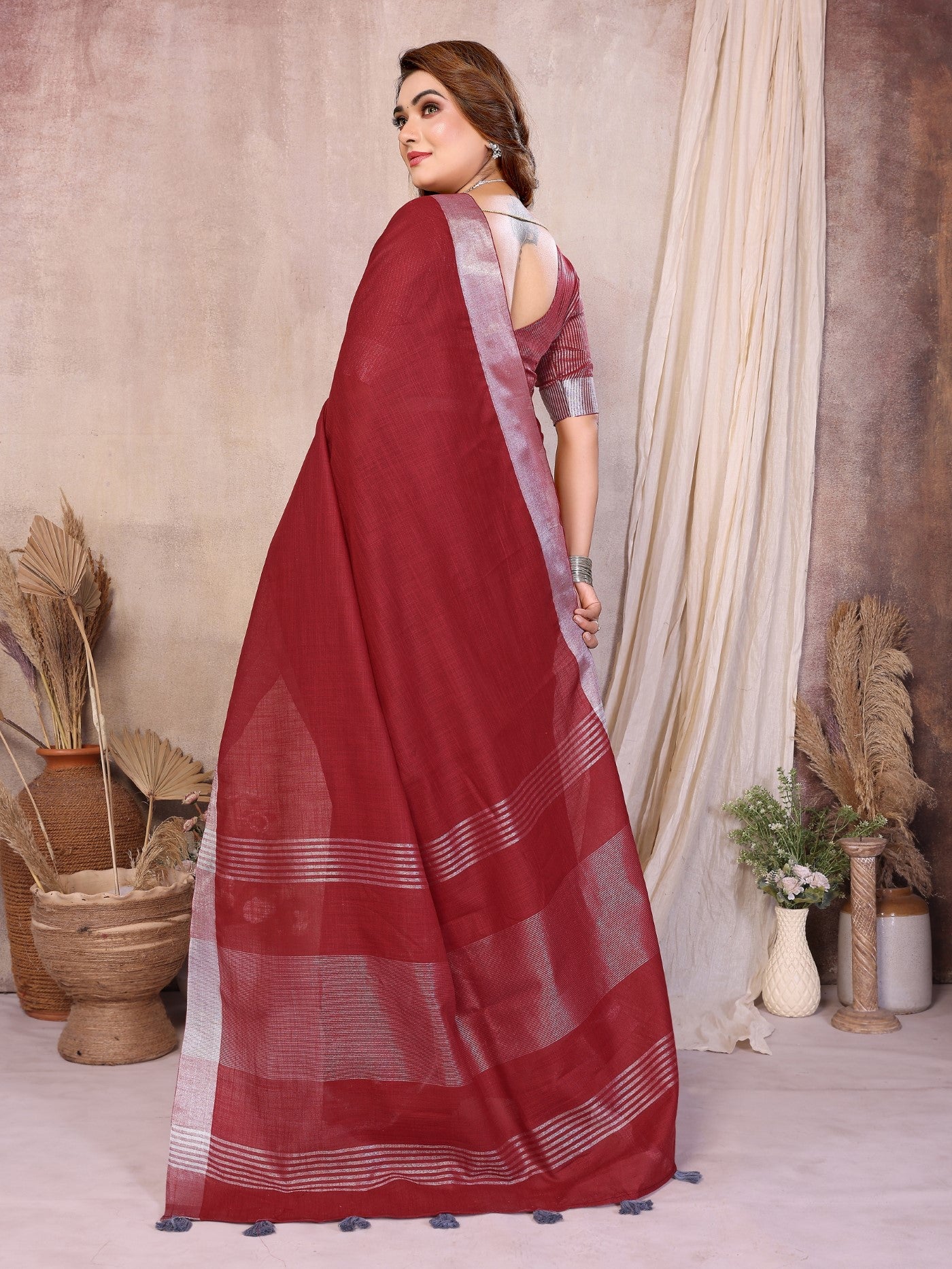 Maroon Cotton Saree With Elegant Silver Zari Border