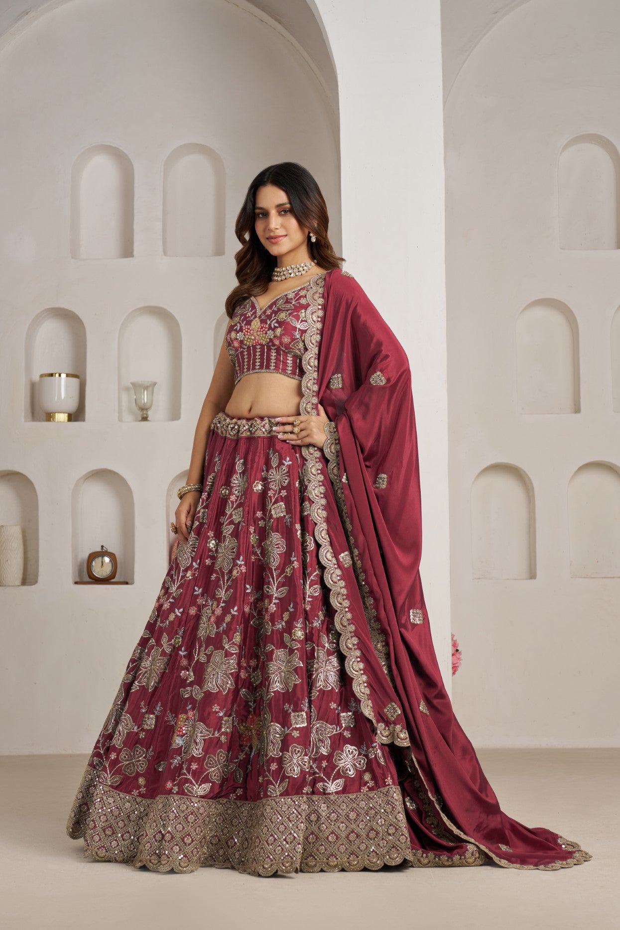 Maroon Crepe Silk Golden Floral Wedding Lehenga Choli