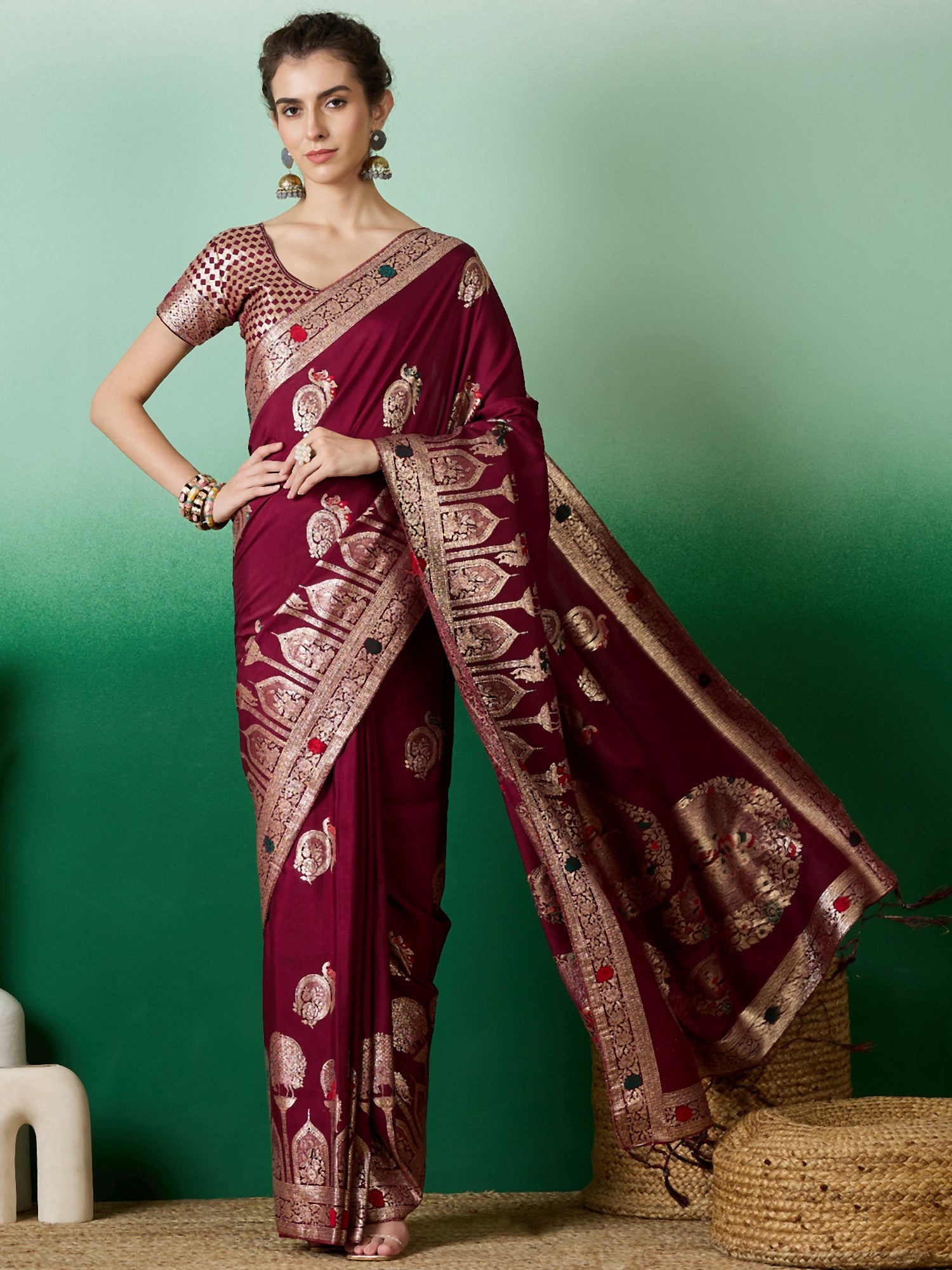 Maroon Dolla Cotton Woven Meenakari Designer Ethnic Festive Saree