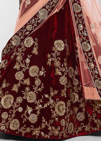 Maroon Embroidered Velvet Bridal Lehenga Choli With Light Peach Dupatta