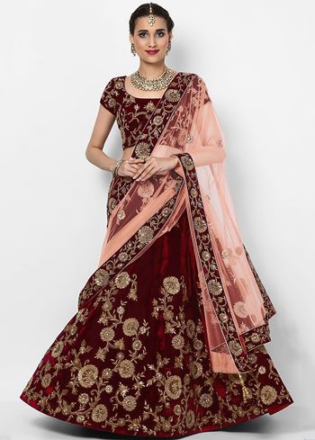 Maroon Embroidered Velvet Bridal Lehenga Choli With Light Peach Dupatta