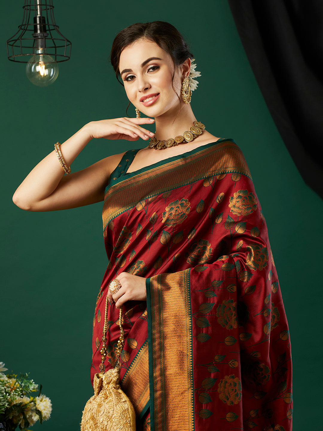 Maroon Ethnic Banarasi Silk Saree With Floral Woven Designer Looks
