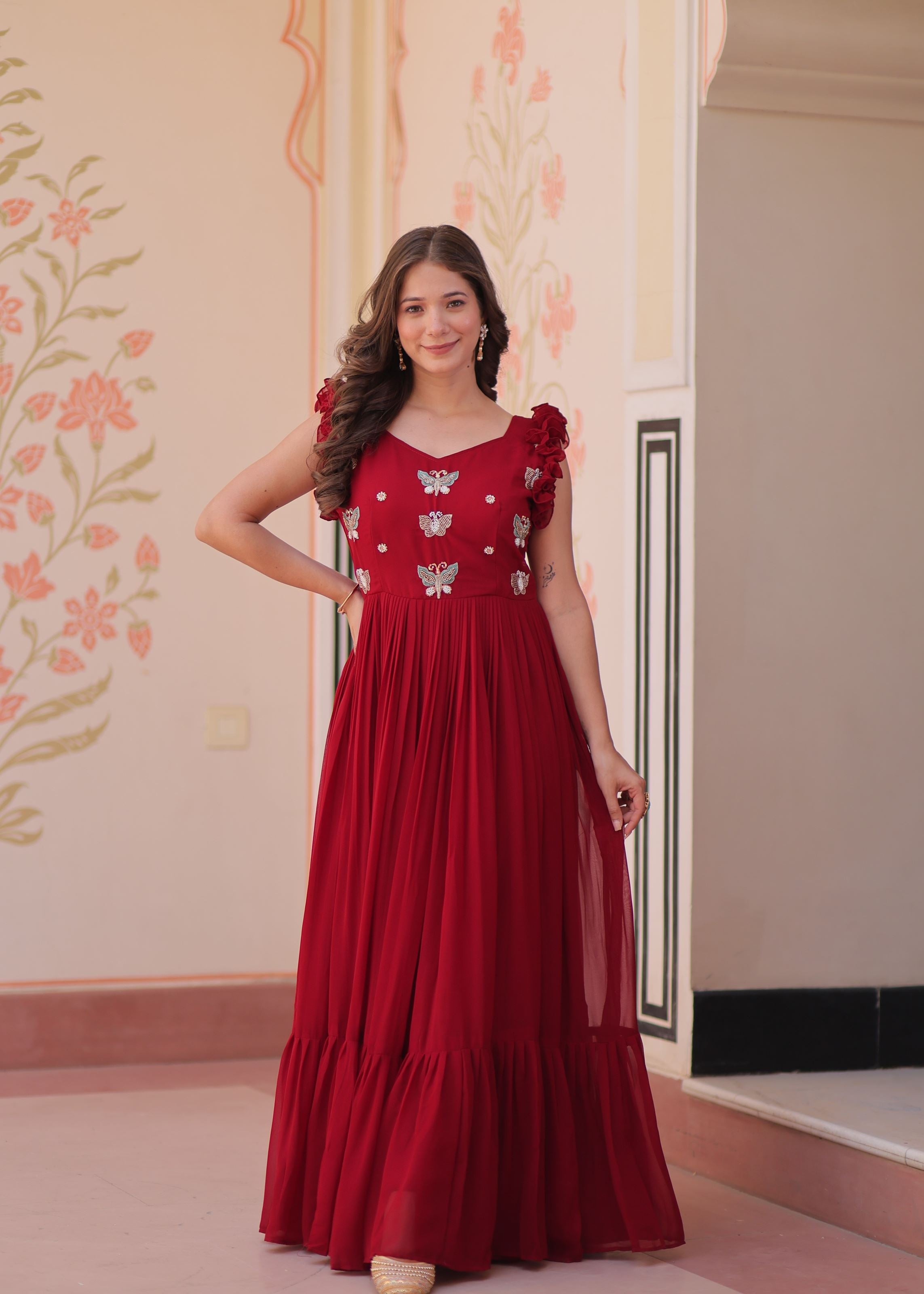 Maroon Faux Blooming Gown With Sequins Multithreaded Beads Embroidered work