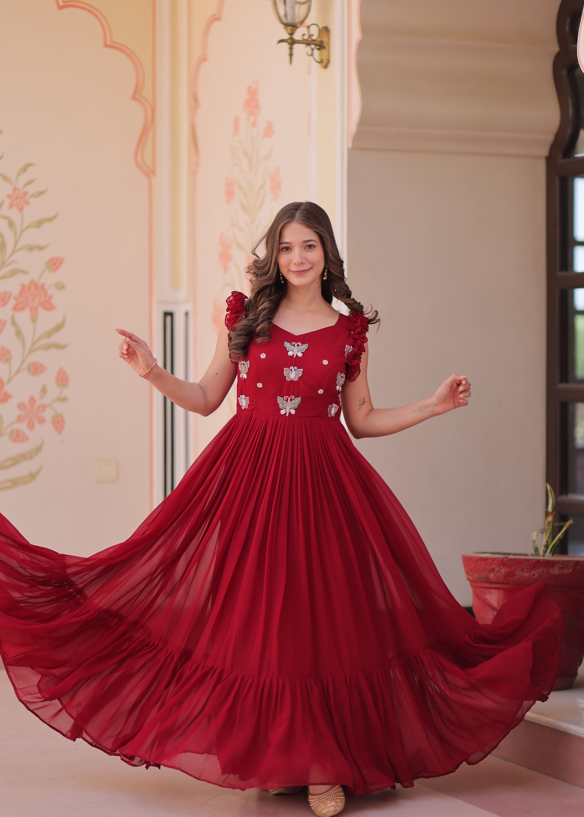 Maroon Faux Blooming Gown With Sequins Multithreaded Beads Embroidered work