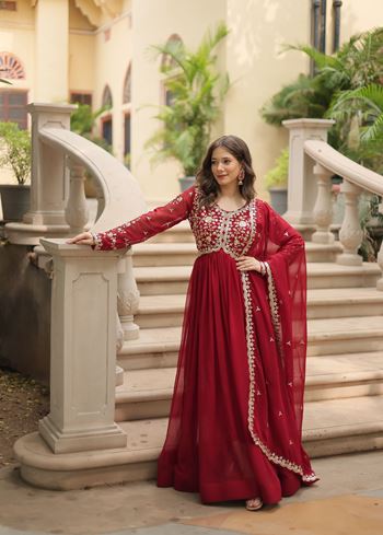 Maroon Faux Blooming Suit With Sequins-Multi & Zari Embroidered Work