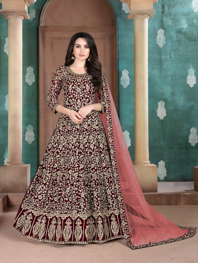 Maroon Faux Georgette Heavy Embroidery with Embroidered lace dupatta Anarkali Suits
