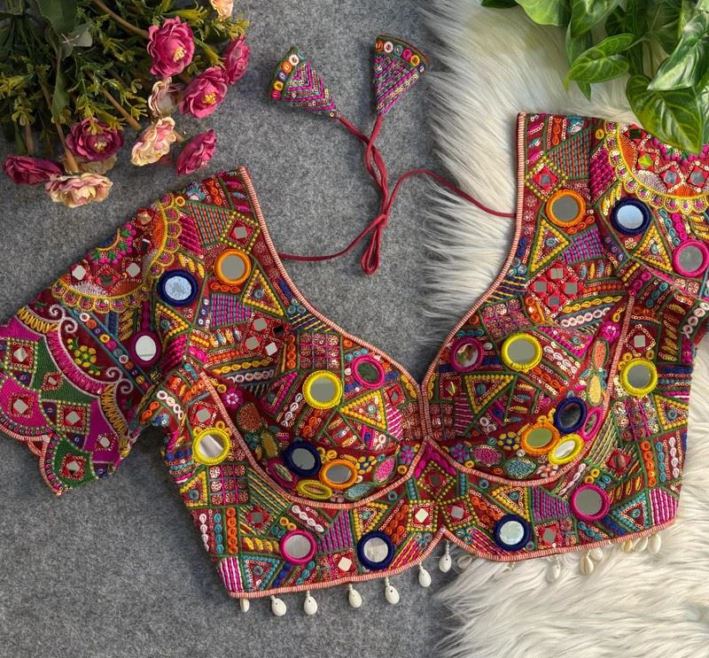 Maroon Gamthi Navratri Blouse with Sweetheart Neck Mirror Work