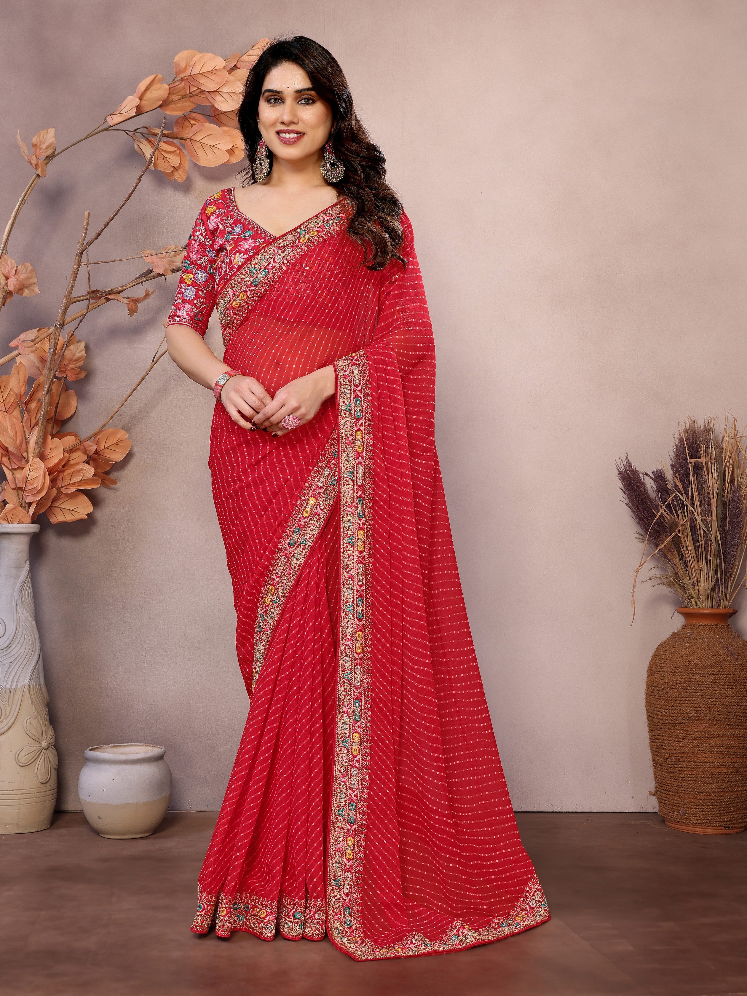 Maroon Georgette Designer Embroidered Traditional Leheria Saree