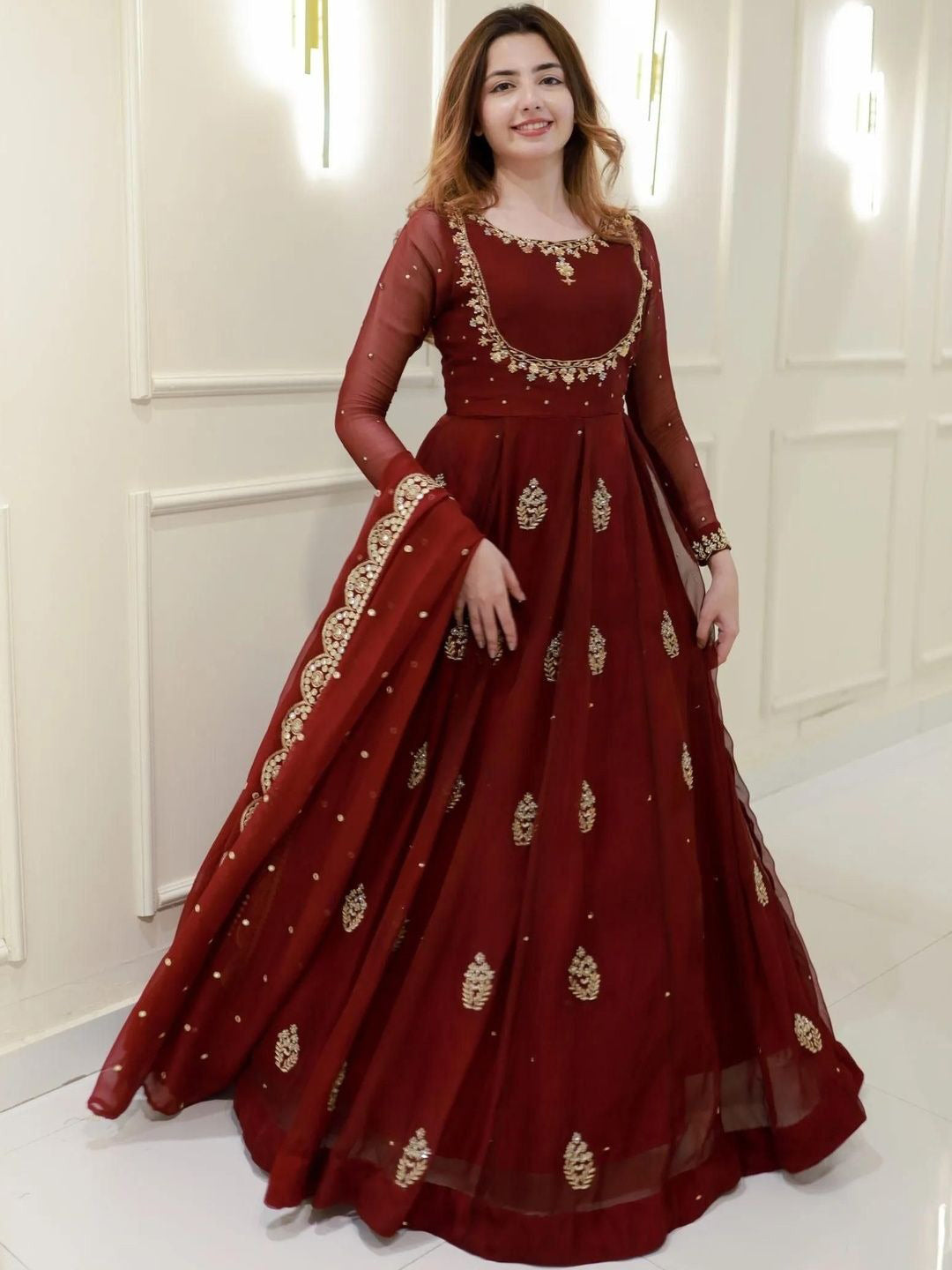 Maroon Georgette Kurta Pant Set With Heavy Thread Embroidery Sequins Work