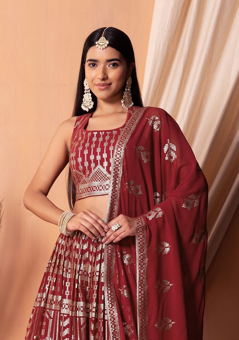 Maroon Georgette Lehenga Choli With Sequins & Thread Embroidery Work