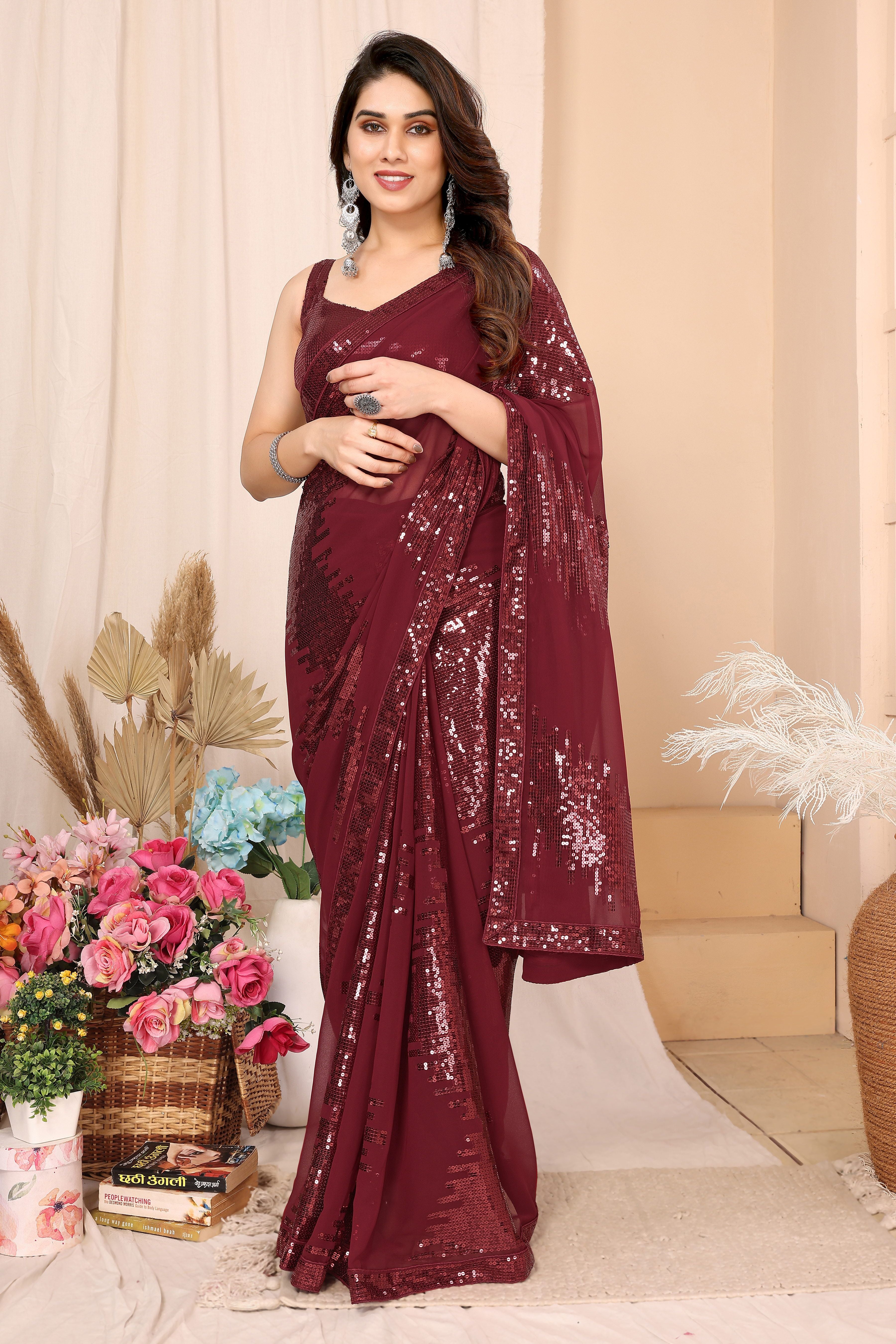 Maroon Georgette Ready To Wear Sequins Embroidered Saree