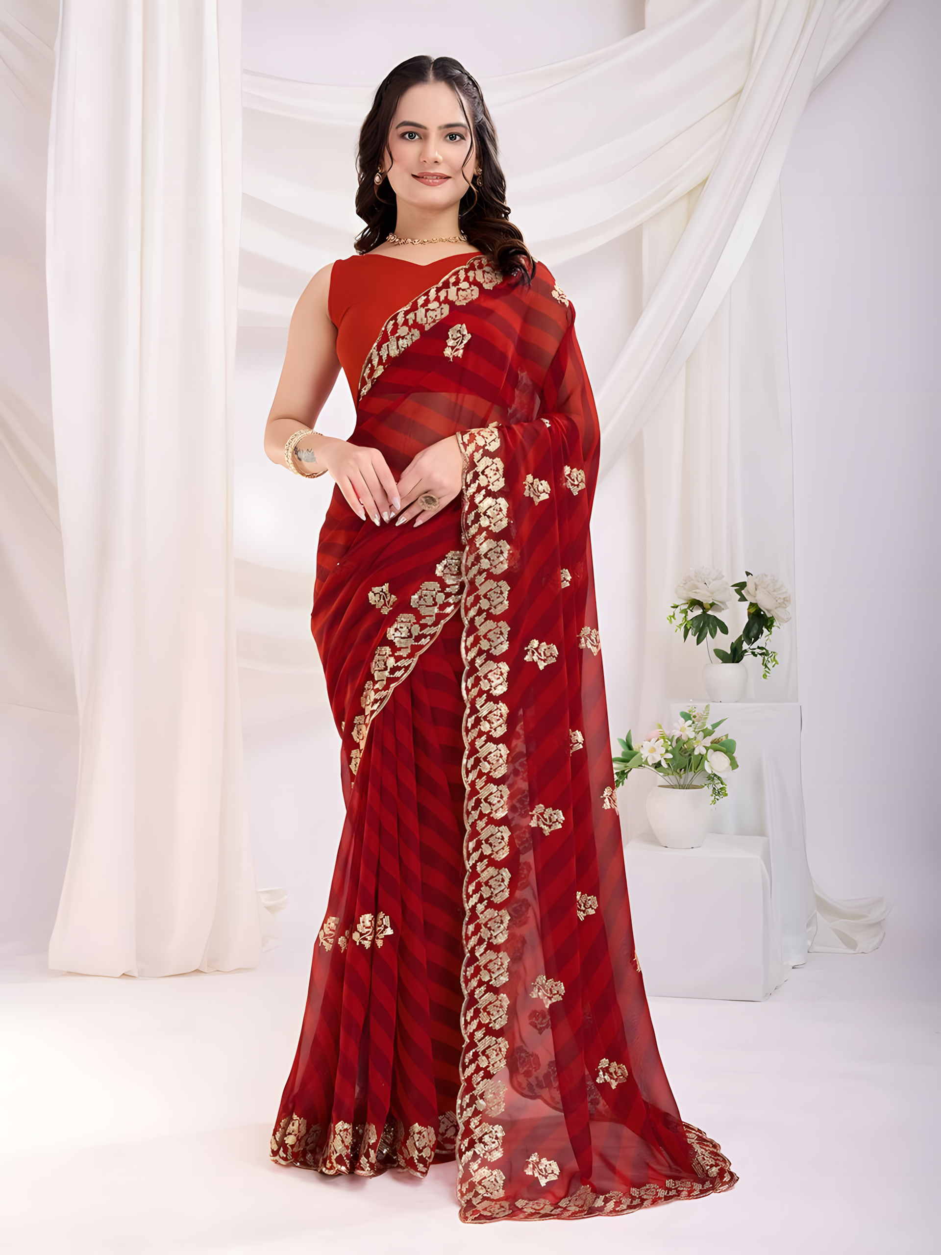 Maroon Georgette Saree with Digital print with sequins Work