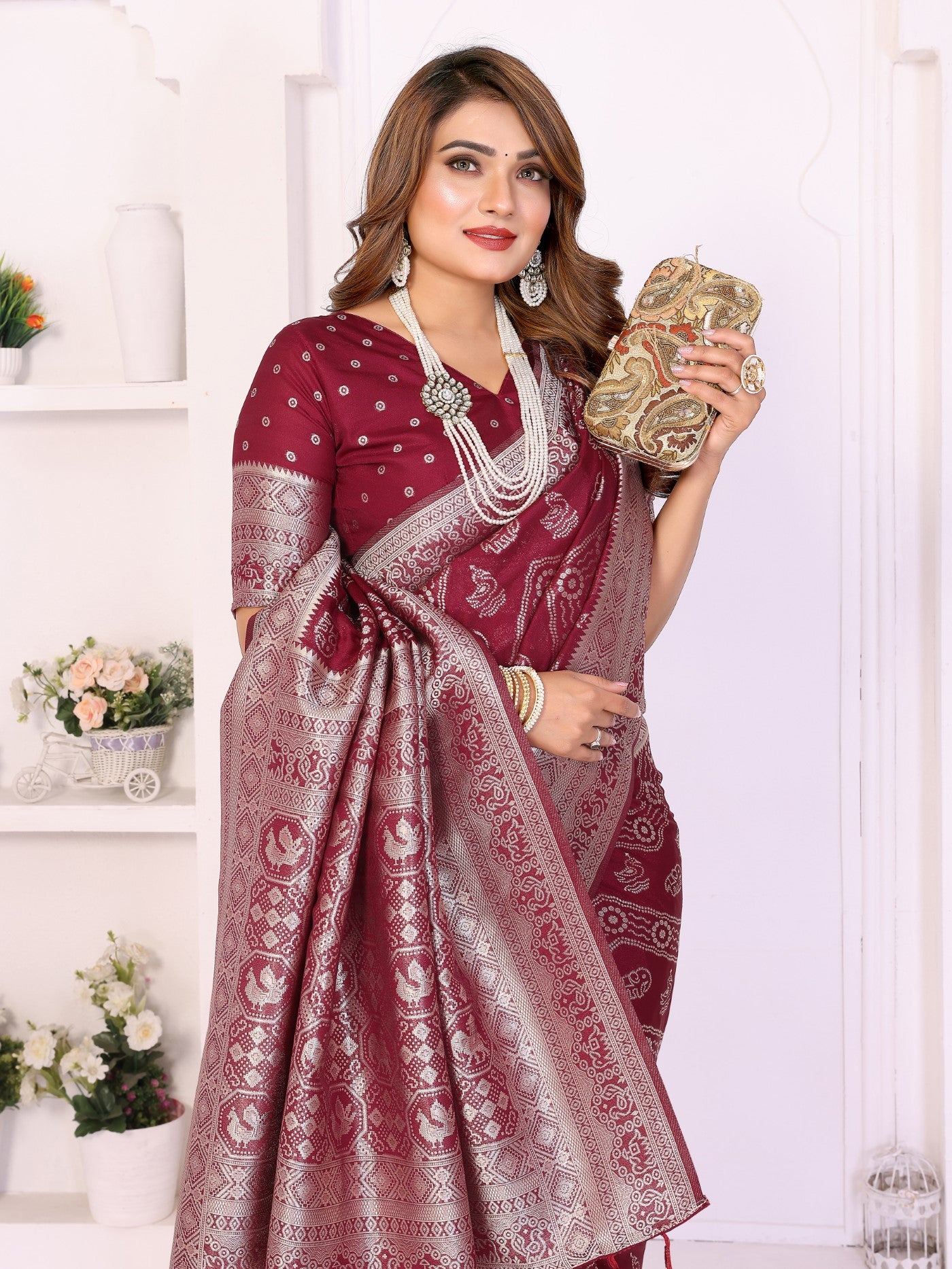 Maroon Georgette Silk Saree With Leheriya And Elegant Zari Weaving