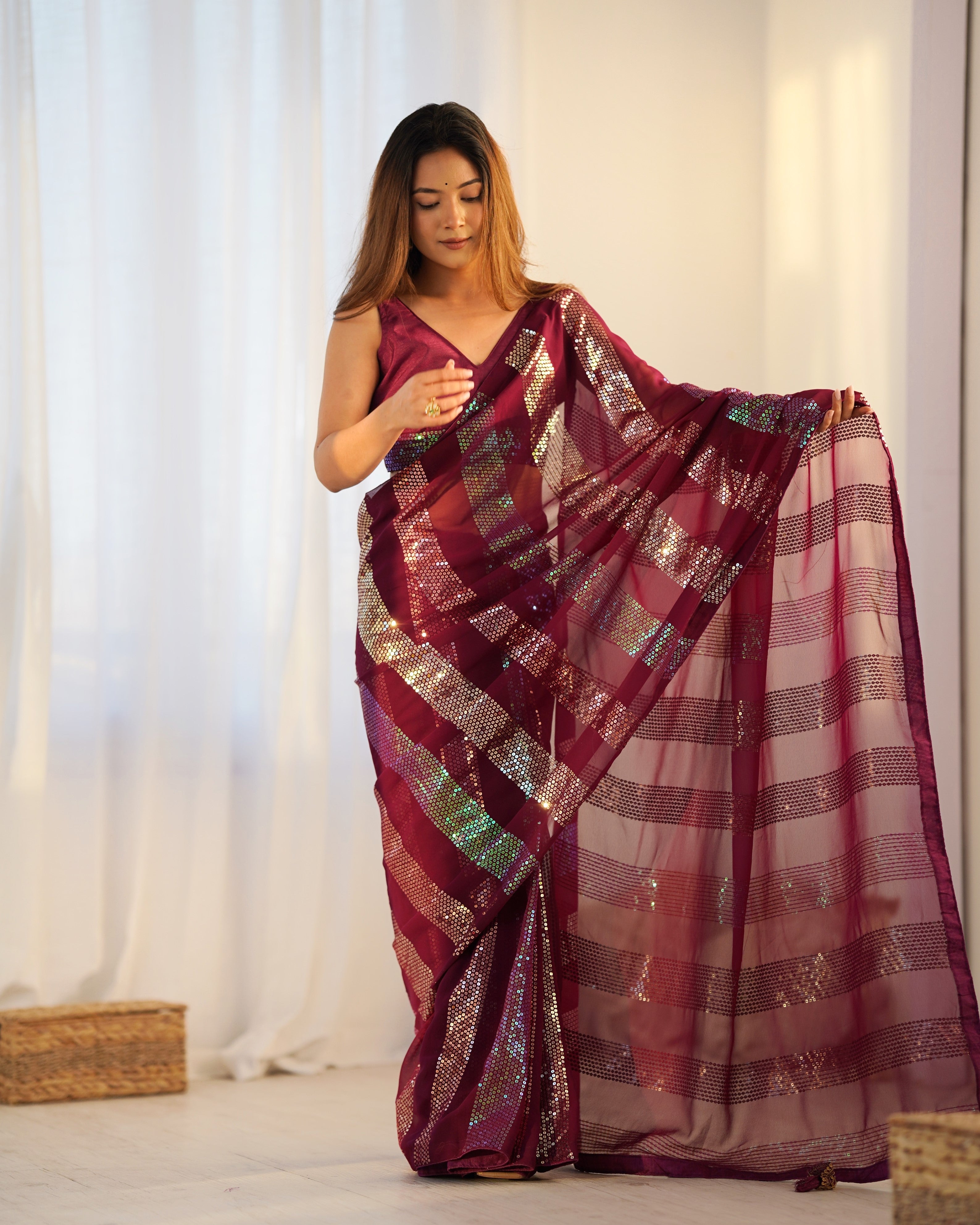 Maroon Glamorous Georgette Fabric Sequins Work Bollywood Looks Saree