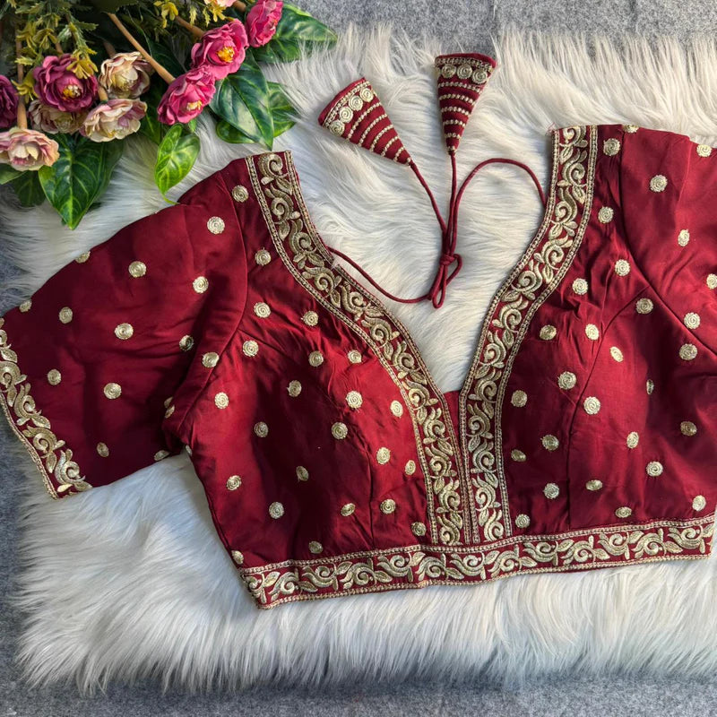 Maroon Heavy Embroidery Work Partywear Blouse in Roman Silk with Embroidery & Sequins