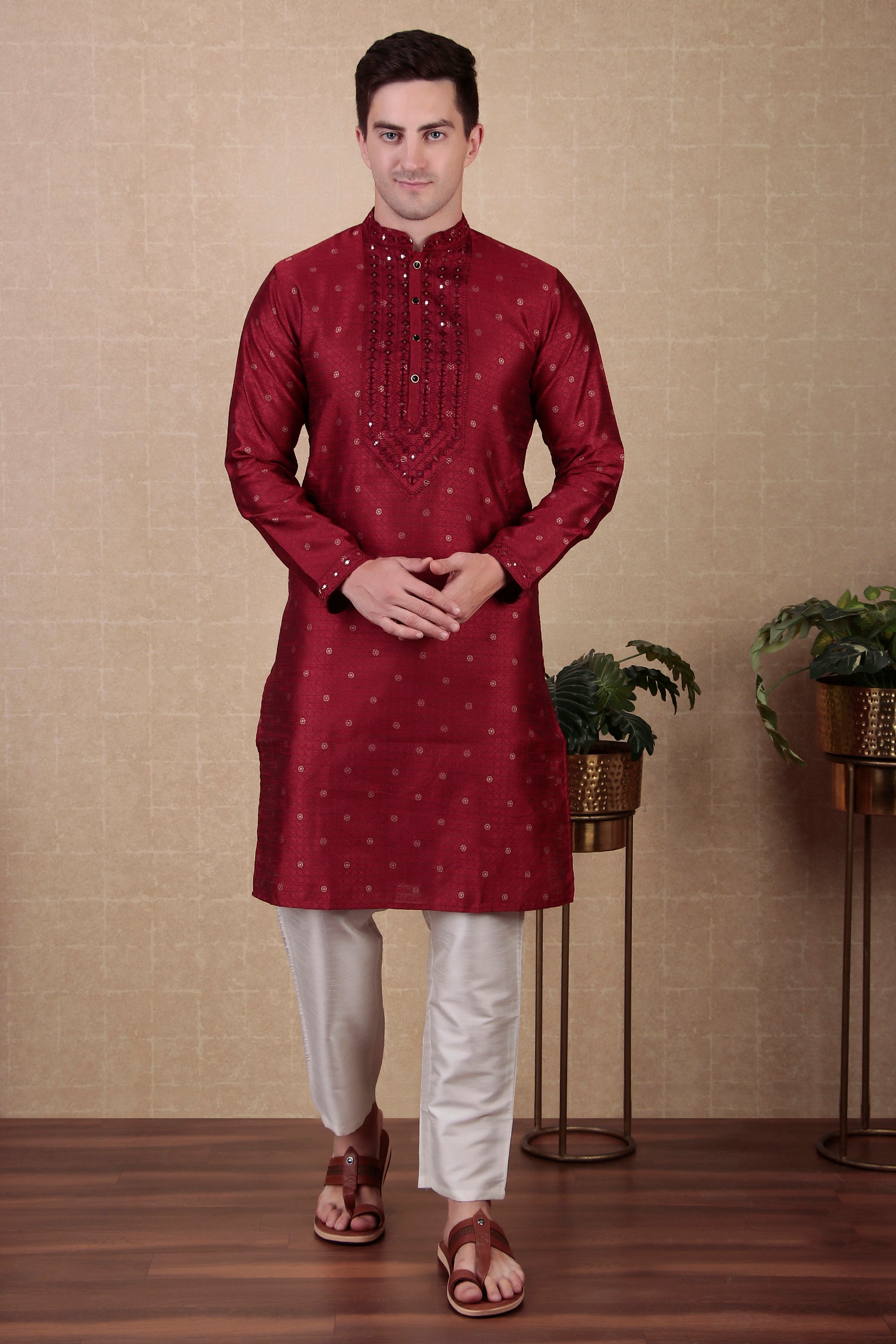 Maroon Jacquard Silk Kurta Payjama – Royal and Classy