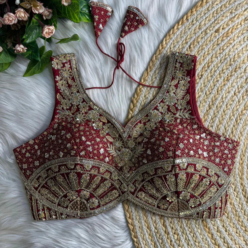 Maroon Jari & Sequins Work Bridal Blouse in Roman Silk with Embroidery