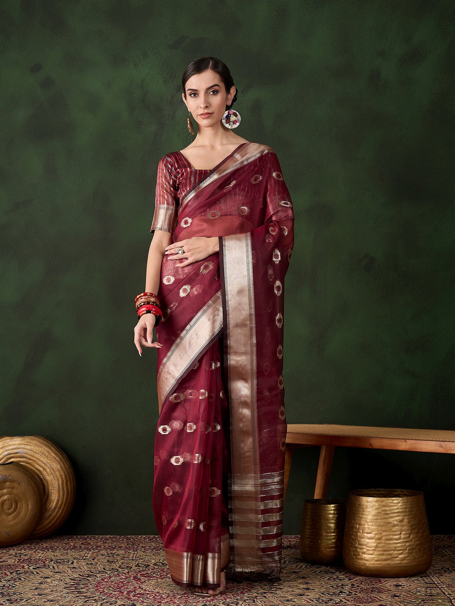 Maroon Khadi Organza Woven Jacquard Designer Graceful Traditional Saree