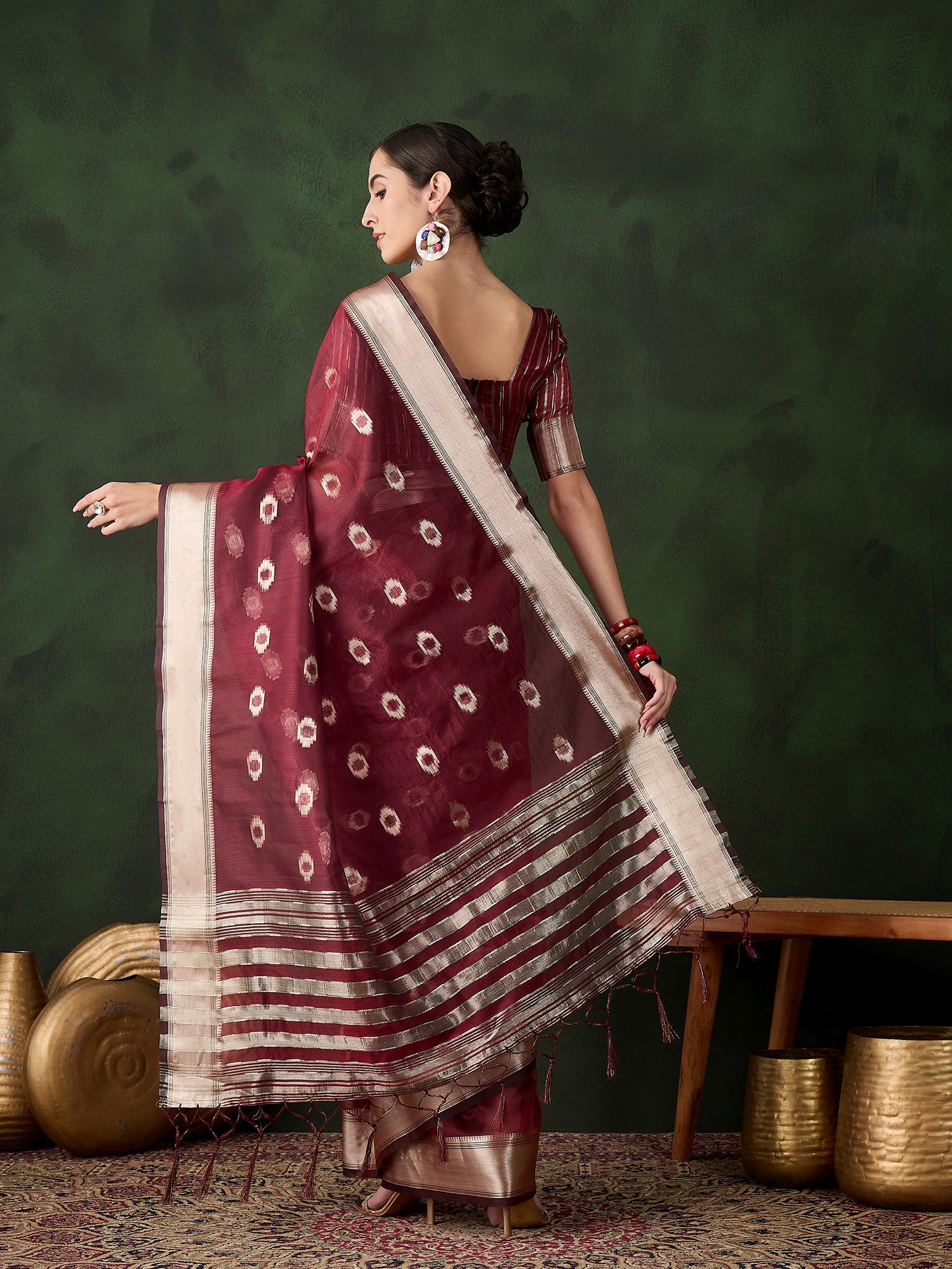 Maroon Khadi Organza Woven Jacquard Designer Graceful Traditional Saree