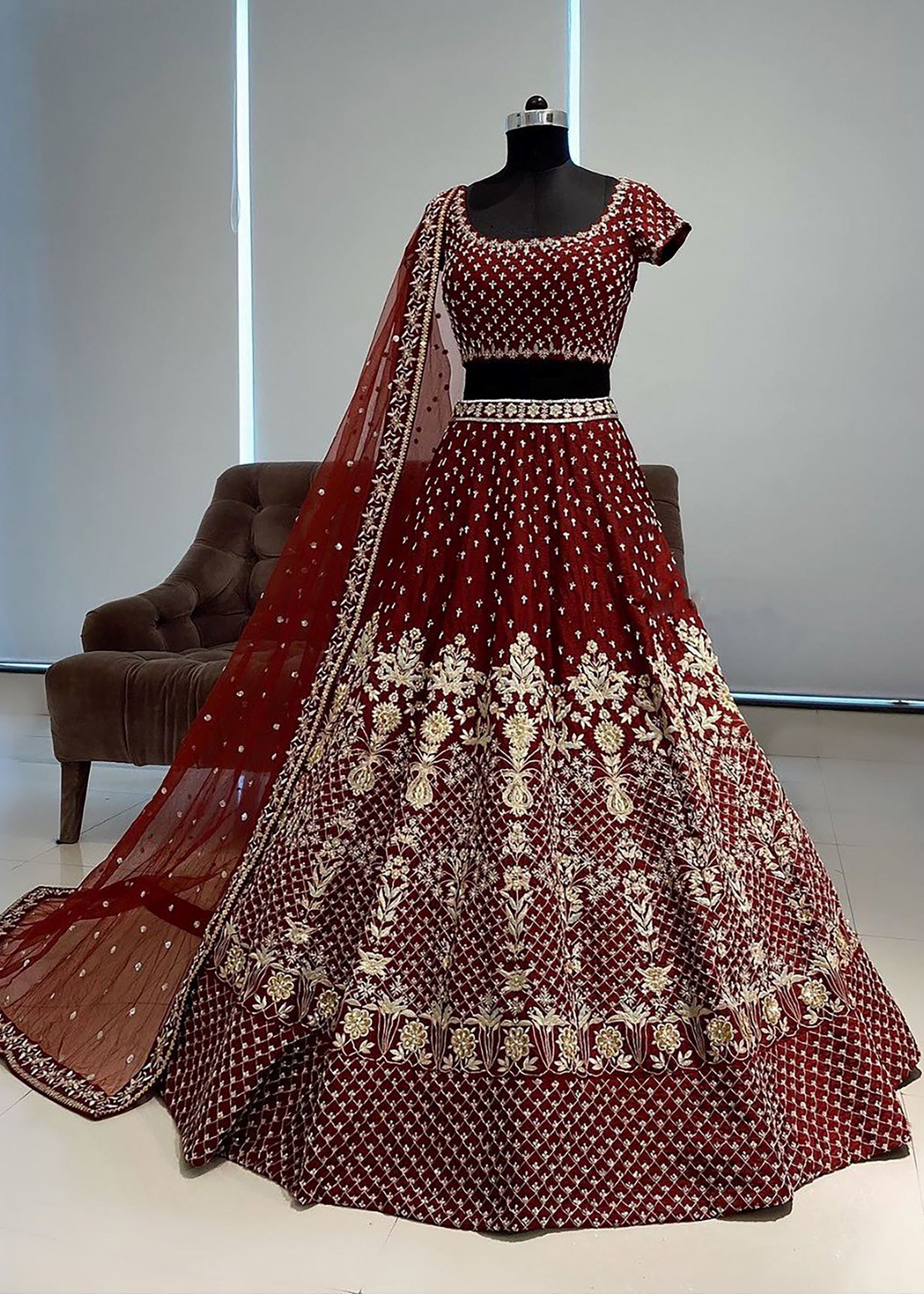 Maroon Lehenga Choli With 3Mm Sequins, Coding Dori And Jari Embroidery Work