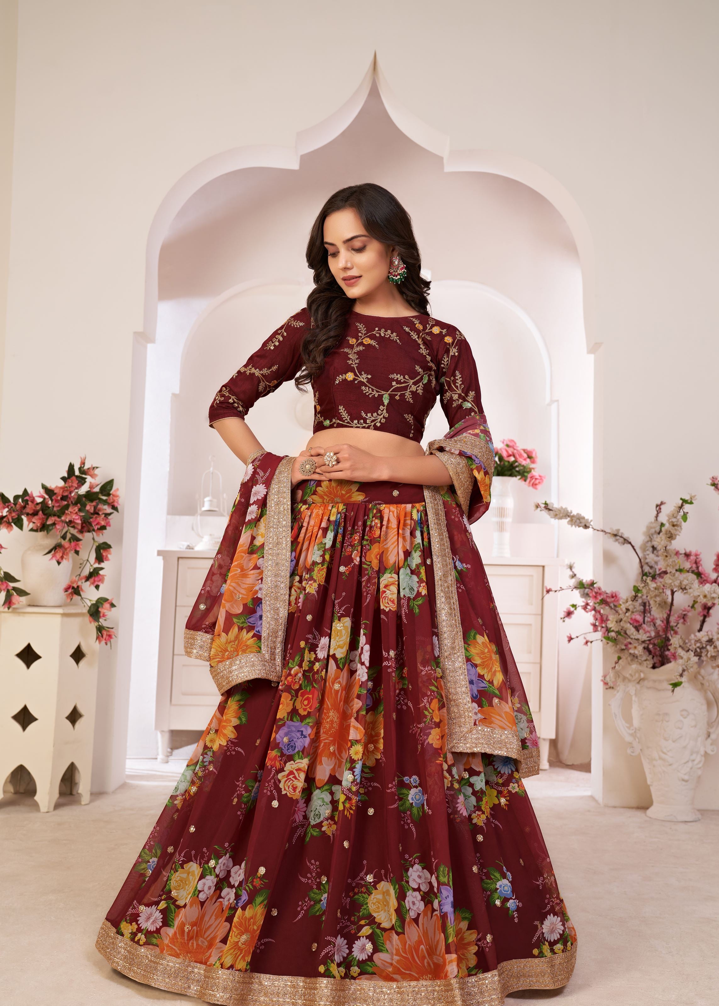 Maroon Lehenga Choli With Digital Floral Print And Embroidered Work With Jari Sequins Dori Work
